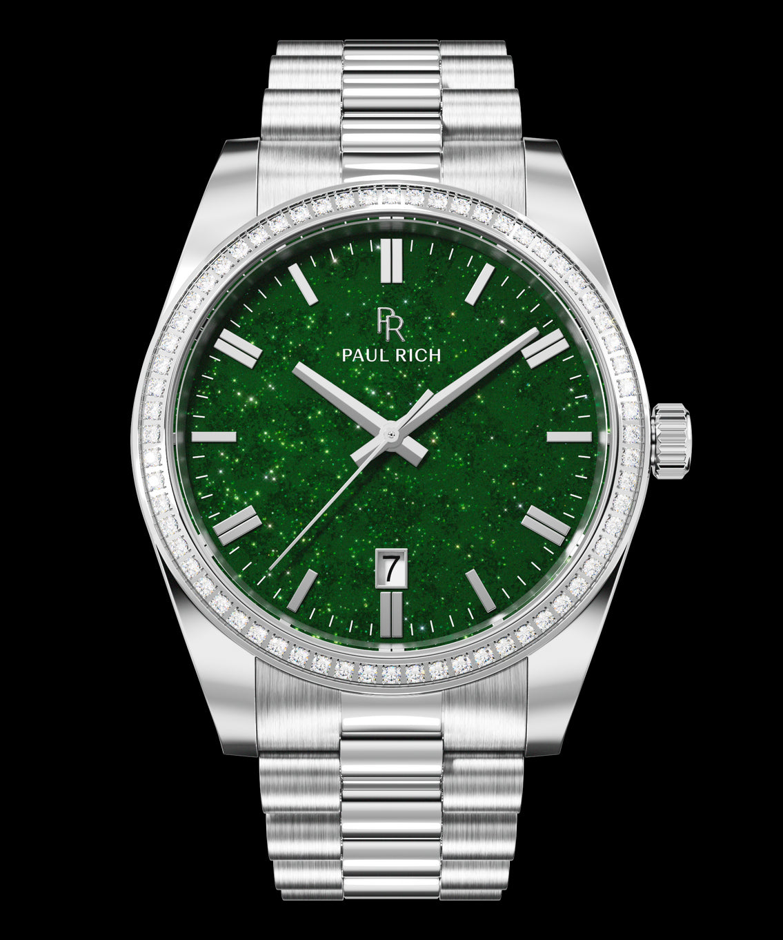 Silver wristwatch with a green aventurine dial, crystal-set bezel, silver hour markers, and metal bracelet shown on a transparent background. Silver wristwatch with a green aventurine dial, crystal-set bezel, silver hour markers, and metal bracelet shown on a transparent background.
