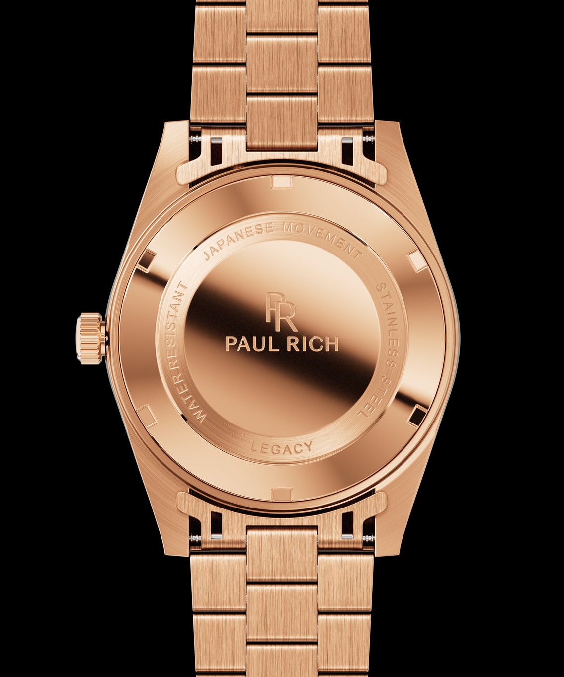 Back view of a rose gold wristwatch with a brushed stainless steel case back engraved with Paul Rich branding and product details. Back view of a rose gold wristwatch with a brushed stainless steel case back engraved with Paul Rich branding and product details.