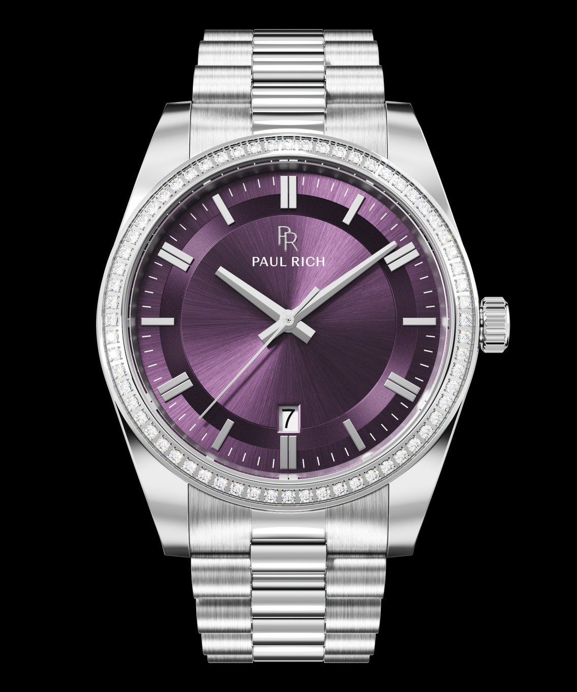 Silver wristwatch with a purple sunburst dial, crystal-set bezel, silver hour markers, and metal bracelet shown on a transparent background. Silver wristwatch with a purple sunburst dial, crystal-set bezel, silver hour markers, and metal bracelet shown on a transparent background.