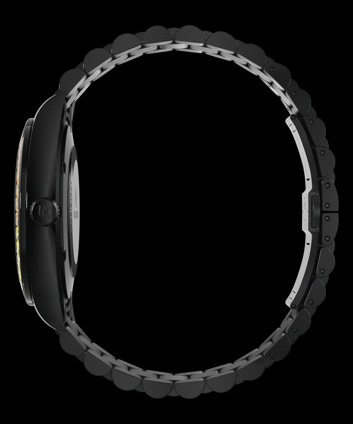 Side view of a black wristwatch with engraved crown and metal bracelet, showing the case profile and full closed loop on a transparent background. Side view of a black wristwatch with engraved crown and metal bracelet, showing the case profile and full closed loop on a transparent background.