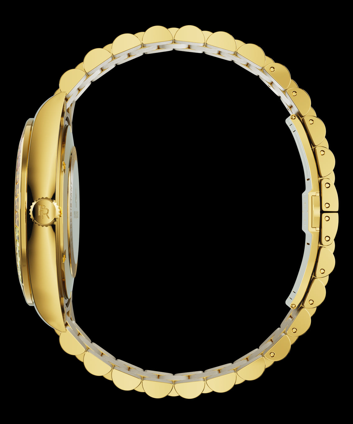 Side view of a gold wristwatch with engraved crown and full metal bracelet shown in a closed loop on a transparent background. Side view of a gold wristwatch with engraved crown and full metal bracelet shown in a closed loop on a transparent background.