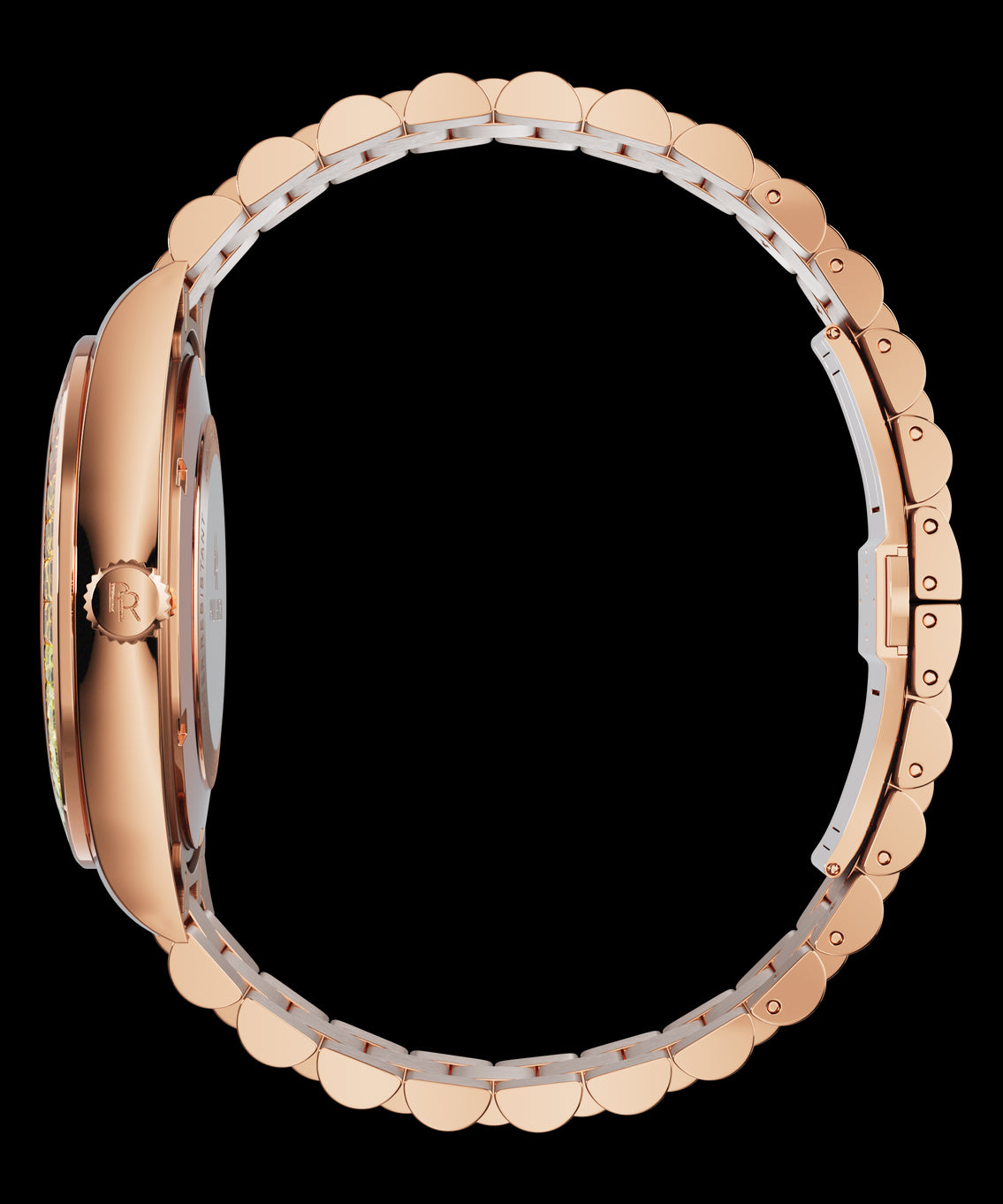 Side view of a rose gold wristwatch with engraved crown and full metal bracelet shown in a closed loop on a transparent background. Side view of a rose gold wristwatch with engraved crown and full metal bracelet shown in a closed loop on a transparent background.