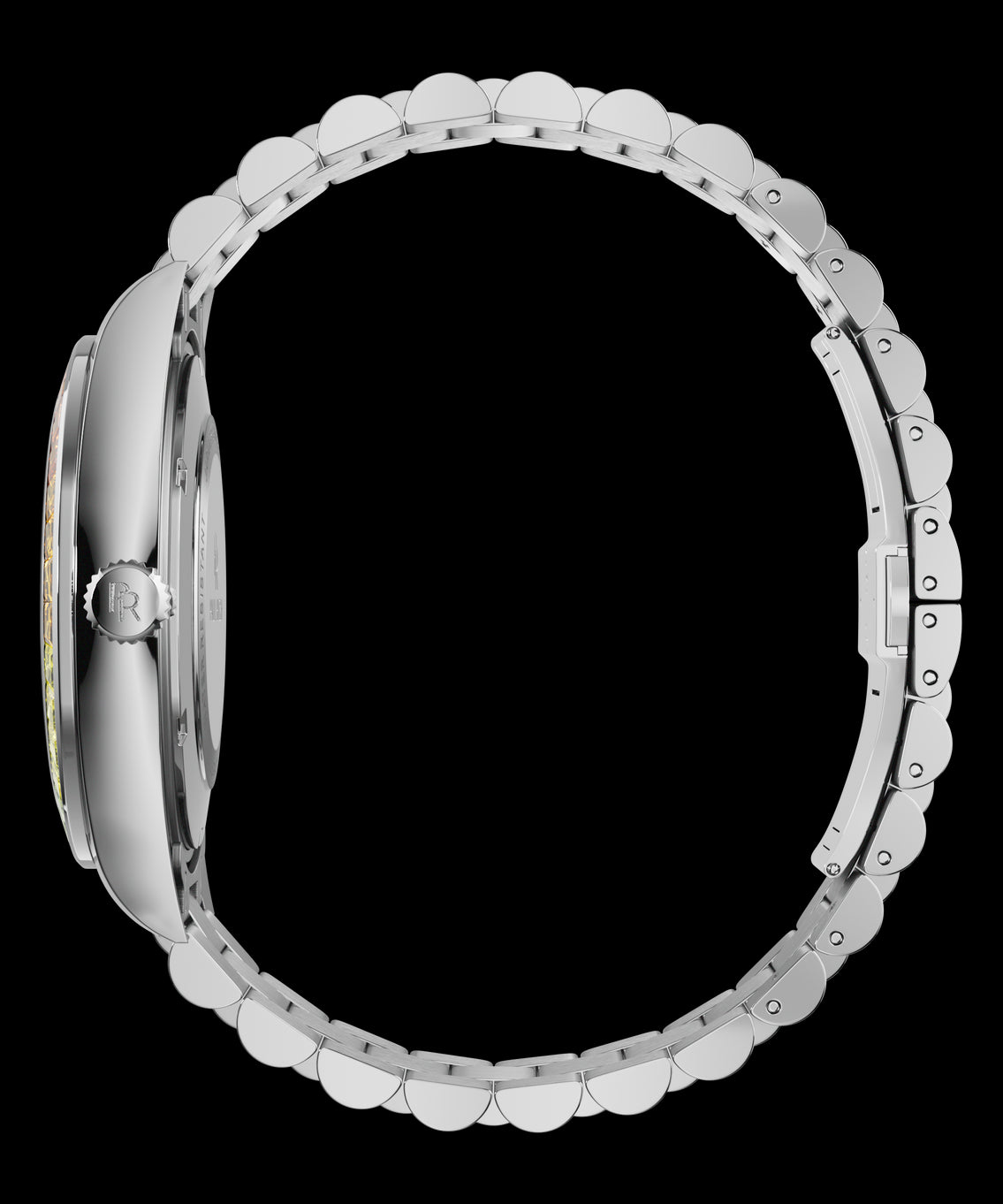 Side view of a silver wristwatch with engraved crown and full metal bracelet shown in a closed loop on a transparent background. Side view of a silver wristwatch with engraved crown and full metal bracelet shown in a closed loop on a transparent background.