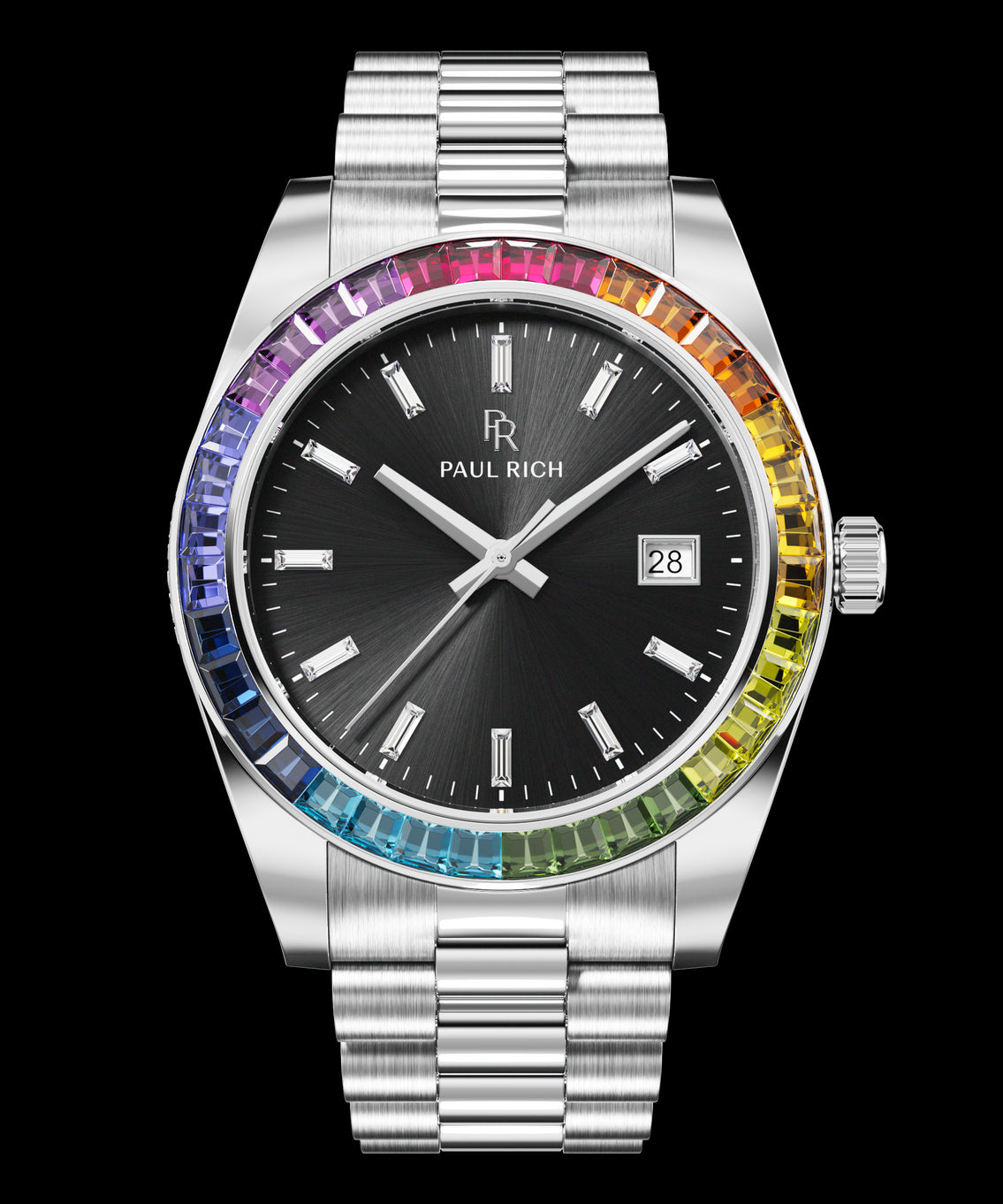Silver wristwatch with a black sunburst dial, baguette hour markers, and a rainbow bezel shown on a transparent background. Silver wristwatch with a black sunburst dial, baguette hour markers, and a rainbow bezel shown on a transparent background.