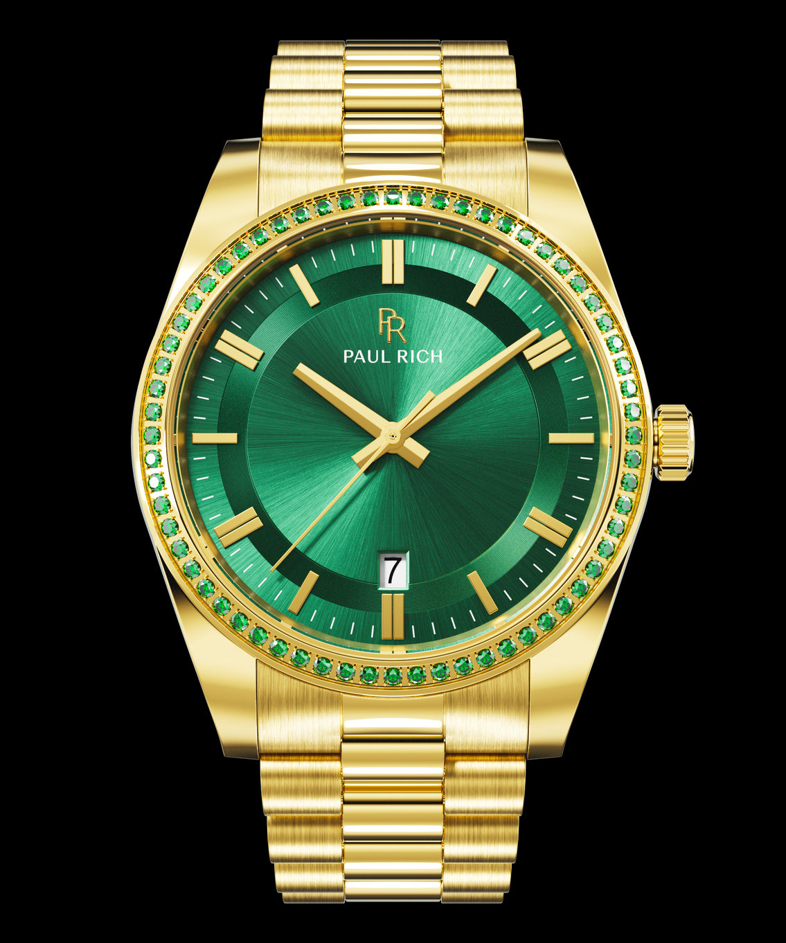 Gold watch with green sunray dial and green gemstone-set bezel on a gold bracelet, displaying the Paul Rich logo and date window. Gold watch with green sunray dial and green gemstone-set bezel on a gold bracelet, displaying the Paul Rich logo and date window.