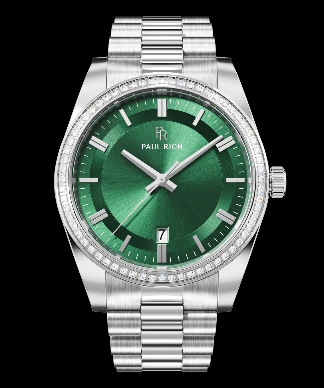 Silver watch with a green sunburst dial, date window at six o’clock, crystal-set bezel, and metal link bracelet. Silver watch with a green sunburst dial, date window at six o’clock, crystal-set bezel, and metal link bracelet.