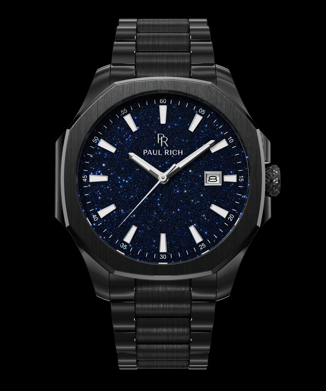 Front view of Paul Rich watch with brushed black case and bracelet, blue aventurine dial, silver indices, and date window at 3 o’clock. Front view of Paul Rich watch with brushed black case and bracelet, blue aventurine dial, silver indices, and date window at 3 o’clock.