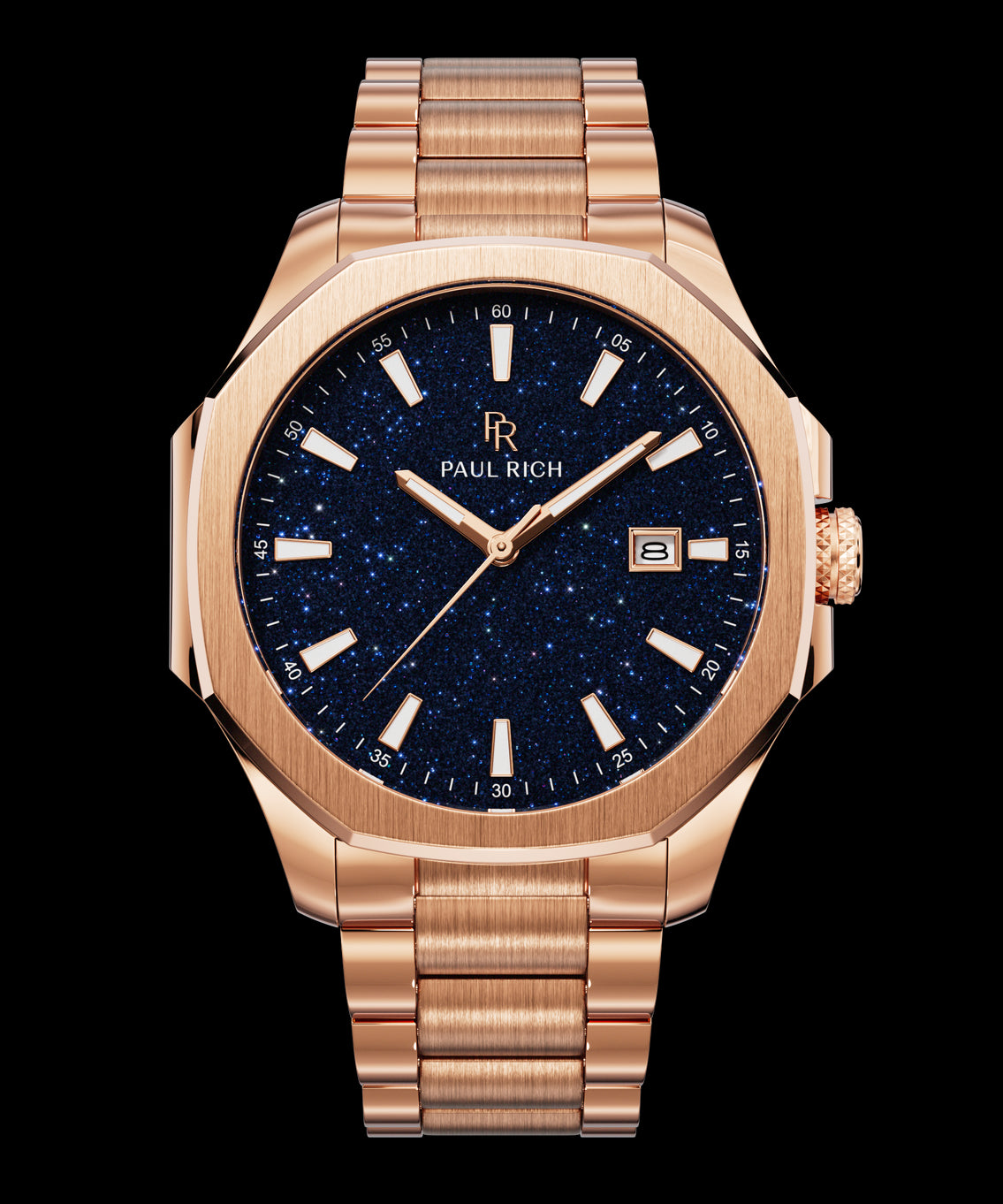 Front view of Paul Rich watch with brushed rose gold case and bracelet, blue aventurine dial, rose gold indices, and date window at 3 o’clock. Front view of Paul Rich watch with brushed rose gold case and bracelet, blue aventurine dial, rose gold indices, and date window at 3 o’clock.