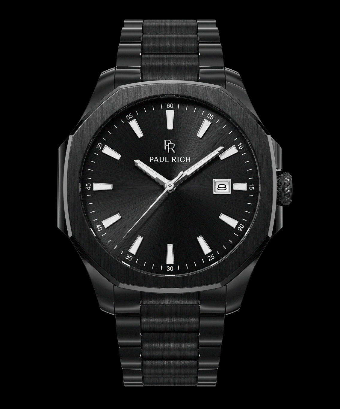 Front view of Paul Rich watch with black sunray dial, silver indices, date window at 3 o’clock, and brushed black metal bracelet. Front view of Paul Rich watch with black sunray dial, silver indices, date window at 3 o’clock, and brushed black metal bracelet.