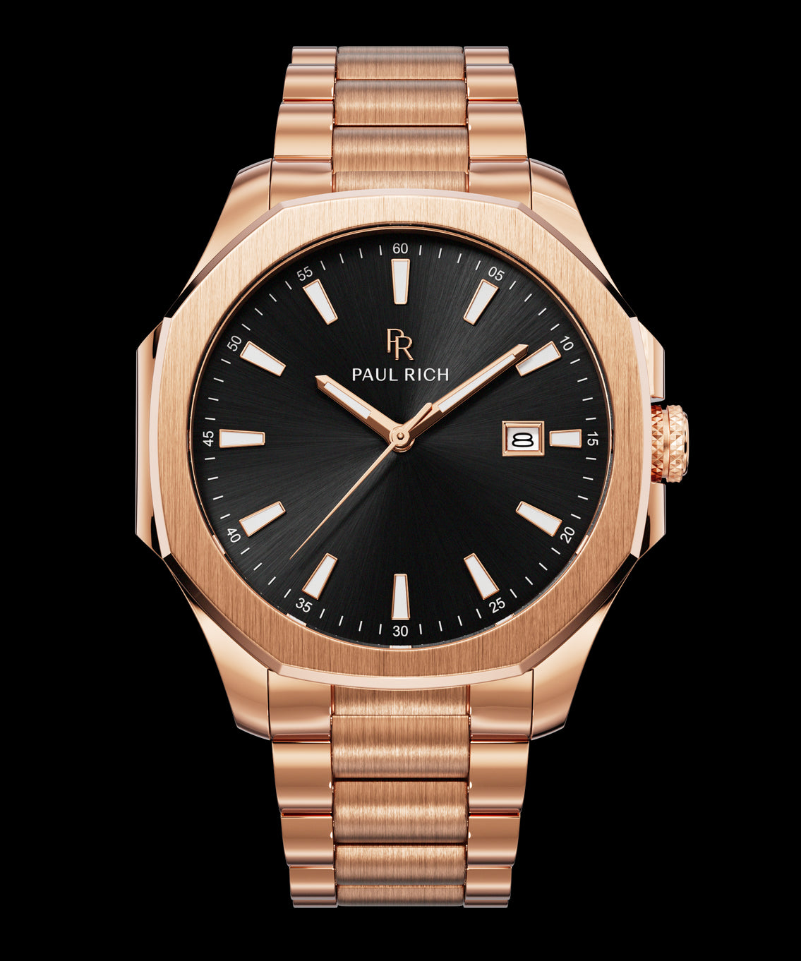 Front view of Paul Rich watch with brushed rose gold case and bracelet, black sunray dial, rose gold hands, and date window at 3 o’clock. Front view of Paul Rich watch with brushed rose gold case and bracelet, black sunray dial, rose gold hands, and date window at 3 o’clock.
