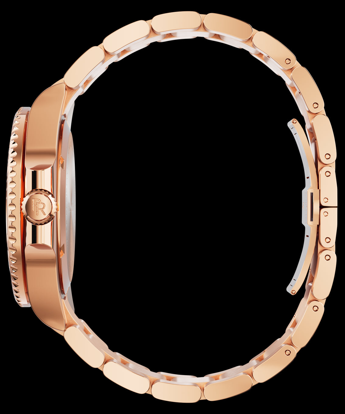Side view of a rose-gold stainless steel watch and bracelet, showing the crown, case profile, and linked band against a transparent background. Side view of a rose-gold stainless steel watch and bracelet, showing the crown, case profile, and linked band against a transparent background.
