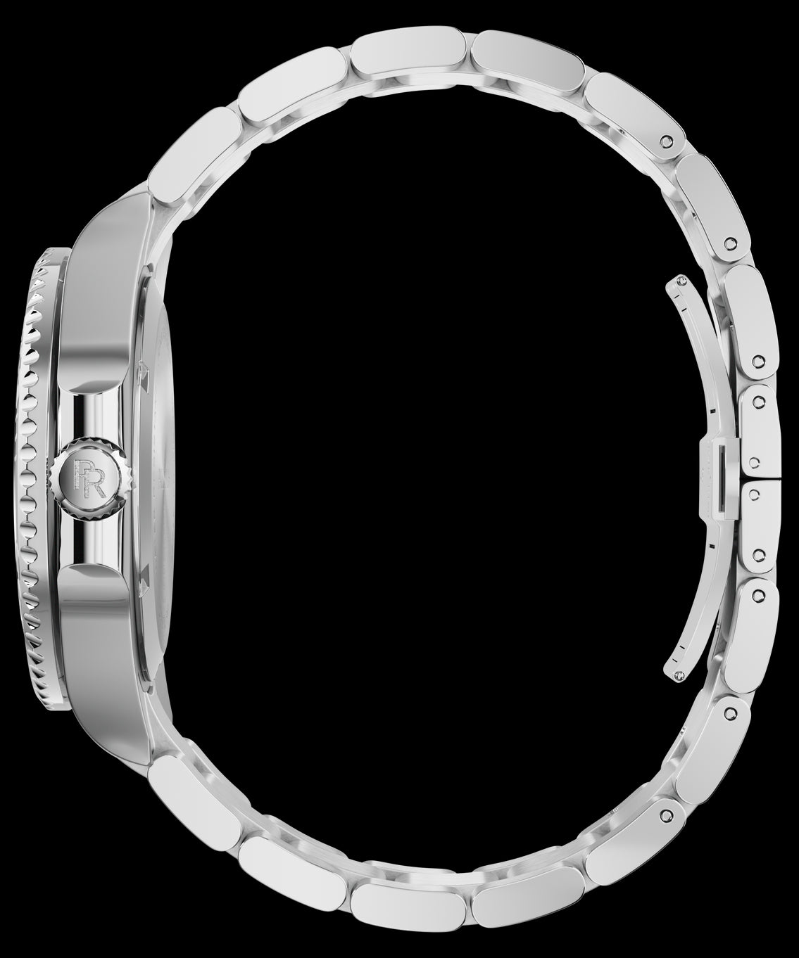 Side view of a stainless steel watch and bracelet, showing the crown, case profile, and linked band against a transparent background. Side view of a stainless steel watch and bracelet, showing the crown, case profile, and linked band against a transparent background.