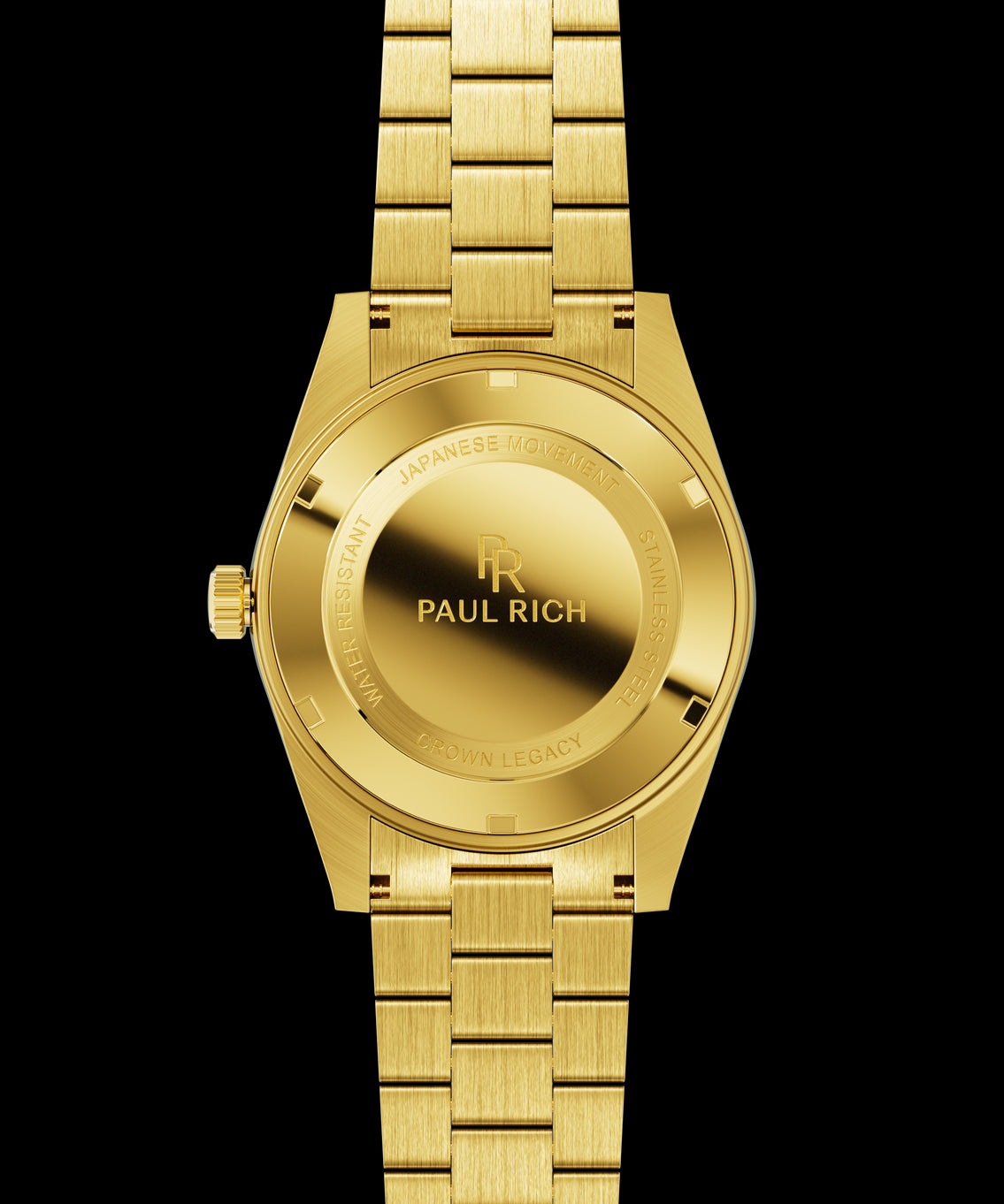 Gold watch case back with engraved text and logo, brushed gold bracelet links, and a matching gold crown. Gold watch case back with engraved text and logo, brushed gold bracelet links, and a matching gold crown.