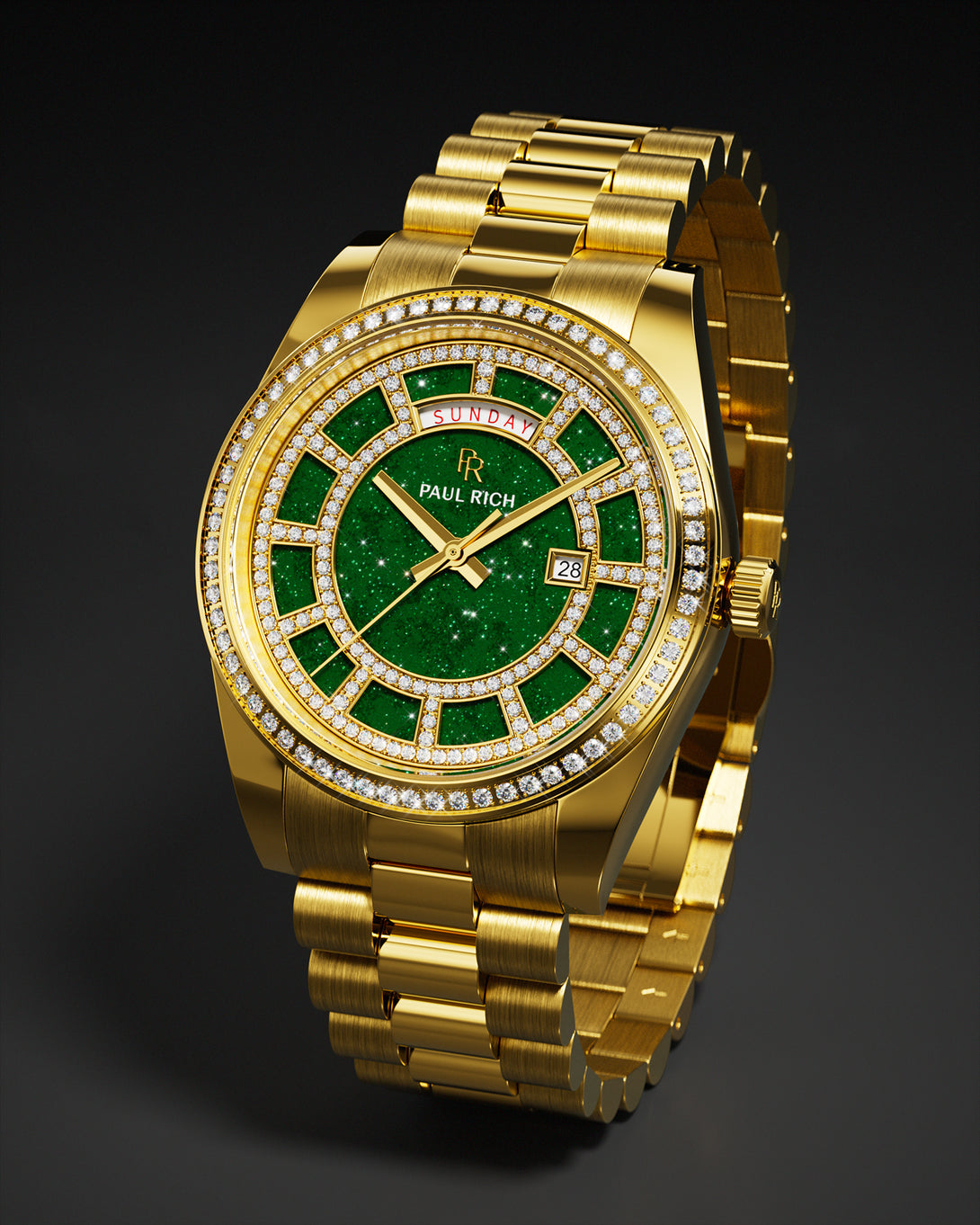Gold watch with a green aventurine dial, full day–date display, pavé diamond bezel, and a gold three-link bracelet shown against a dark background. Gold watch with a green aventurine dial, full day–date display, pavé diamond bezel, and a gold three-link bracelet shown against a dark background.