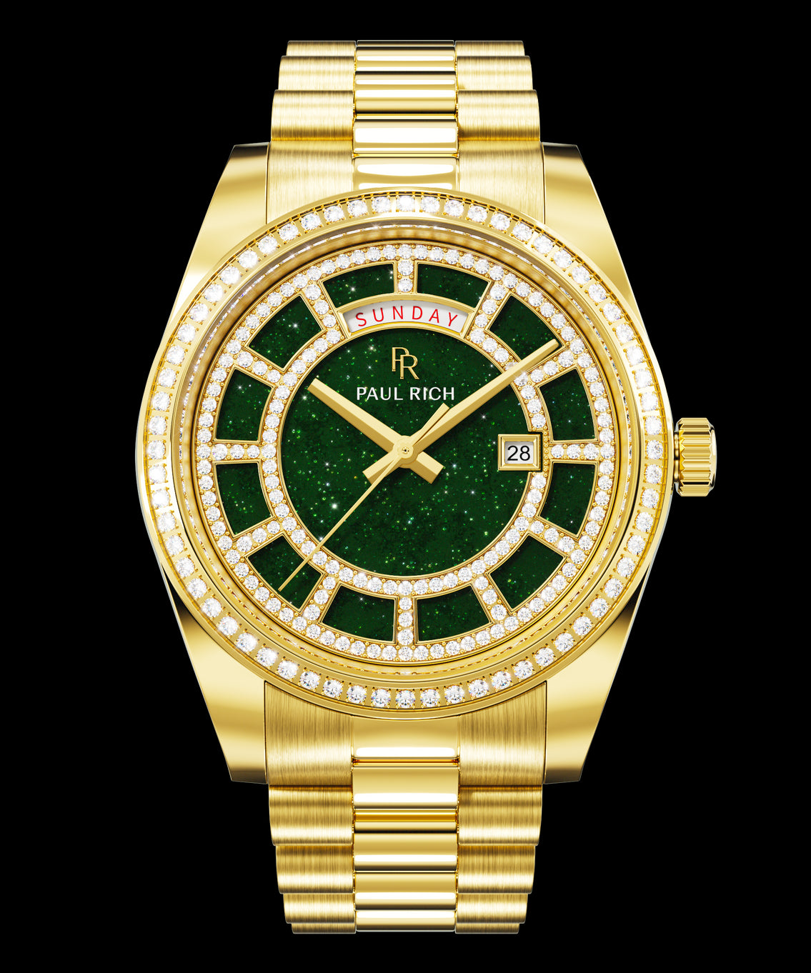 Gold watch with a green aventurine dial, day and date windows, and a bezel and hour markers set with clear stones on a full gold bracelet. Gold watch with a green aventurine dial, day and date windows, and a bezel and hour markers set with clear stones on a full gold bracelet.