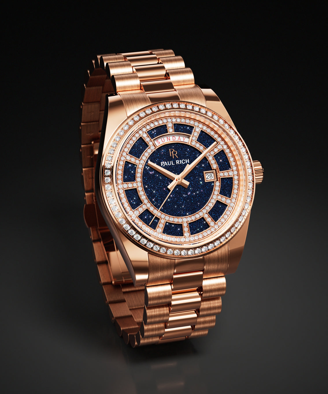 Rose gold watch with a blue aventurine dial and a pavé stone-set bezel, shown on a matching rose gold bracelet against a dark background. Rose gold watch with a blue aventurine dial and a pavé stone-set bezel, shown on a matching rose gold bracelet against a dark background.