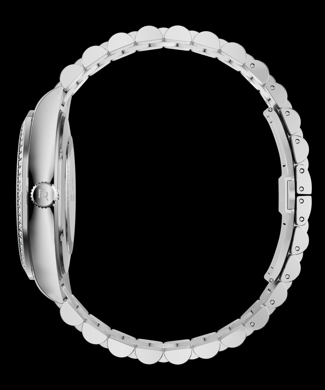 Side view of a silver watch with a stainless-steel bracelet, a gem-set bezel, and a silver crown engraved with the PR logo. Side view of a silver watch with a stainless-steel bracelet, a gem-set bezel, and a silver crown engraved with the PR logo.