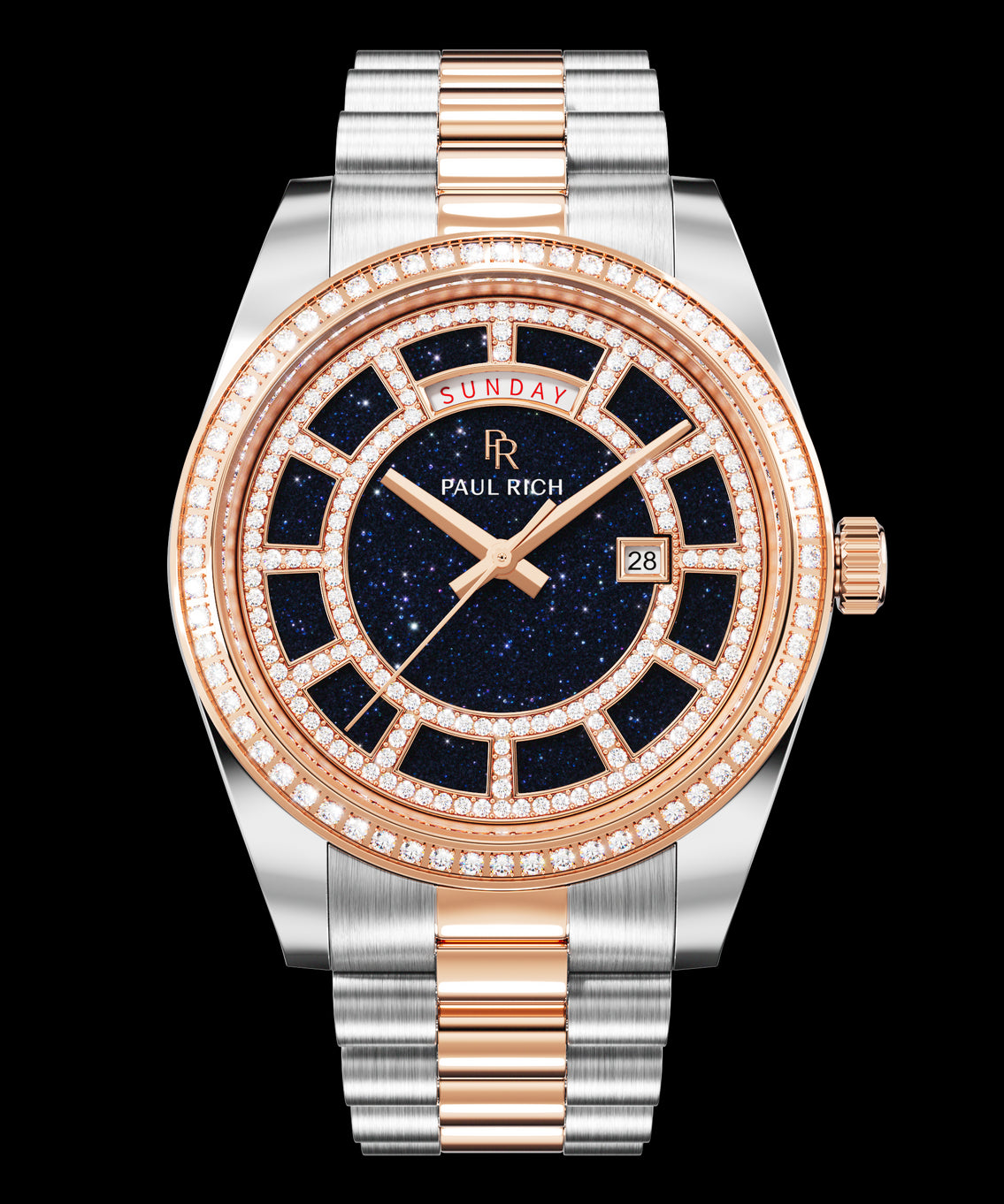 Two-tone silver and rose-gold watch with a blue aventurine dial, day and date windows, and a bezel and hour markers set with crystal stones. Two-tone silver and rose-gold watch with a blue aventurine dial, day and date windows, and a bezel and hour markers set with crystal stones.