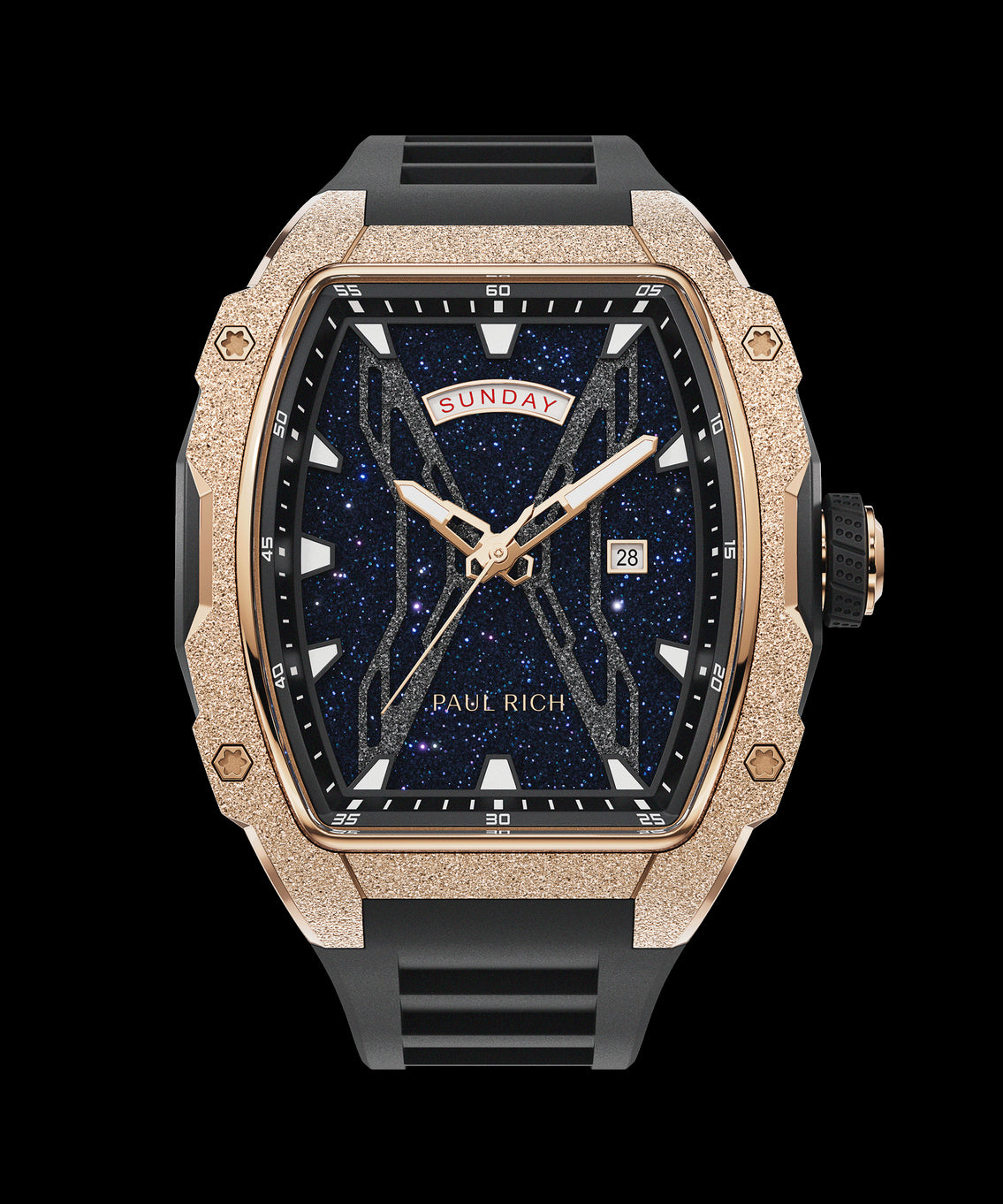 Paul Rich watch with frosted rose gold tonneau case, black rubber strap, blue aventurine dial, day-date display, and bold white hour markers. Paul Rich watch with frosted rose gold tonneau case, black rubber strap, blue aventurine dial, day-date display, and bold white hour markers.