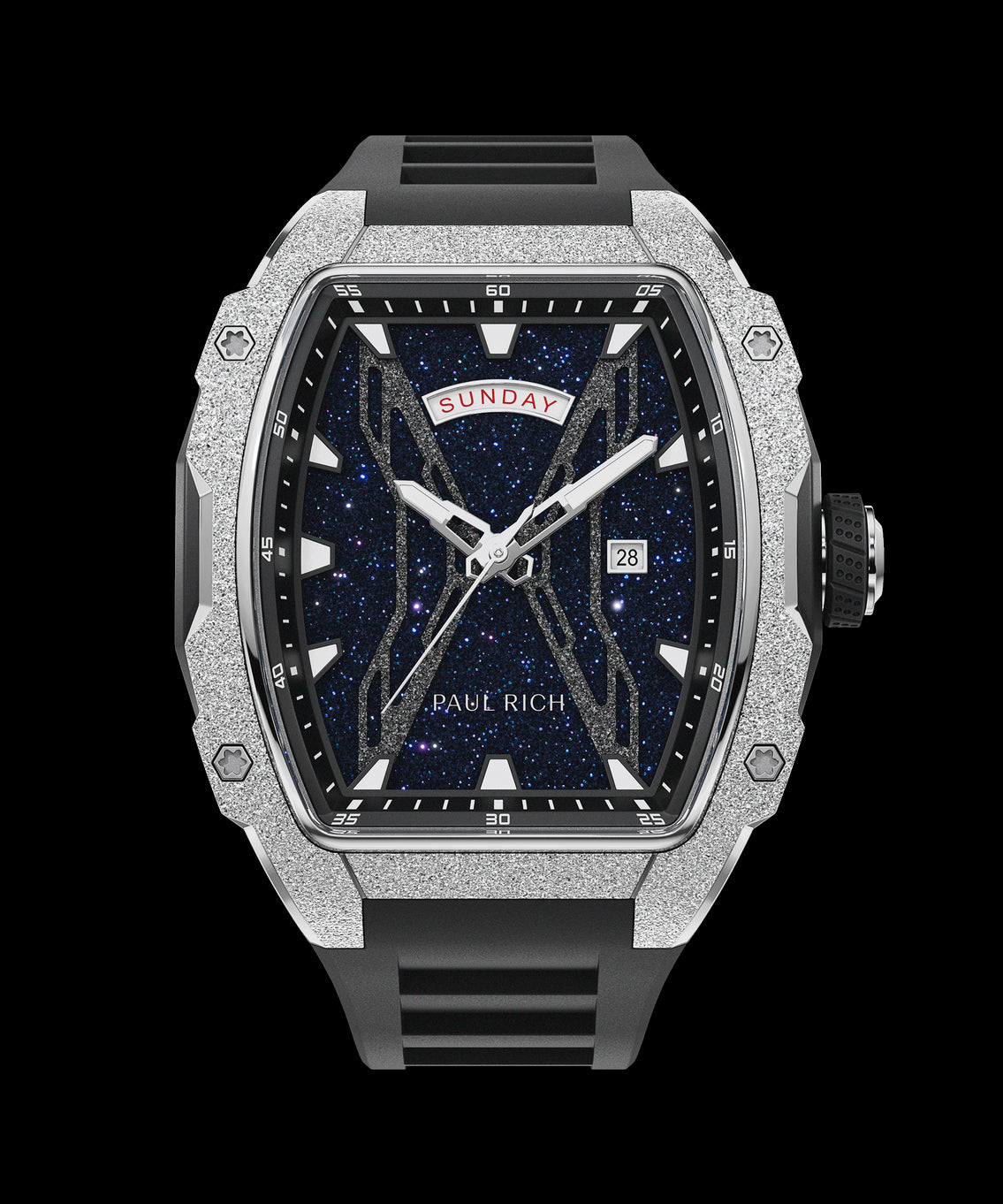 Front view of Paul Rich watch with blue aventurine dial, silver frosted bezel, day and date display, and black rubber strap. Front view of Paul Rich watch with blue aventurine dial, silver frosted bezel, day and date display, and black rubber strap.