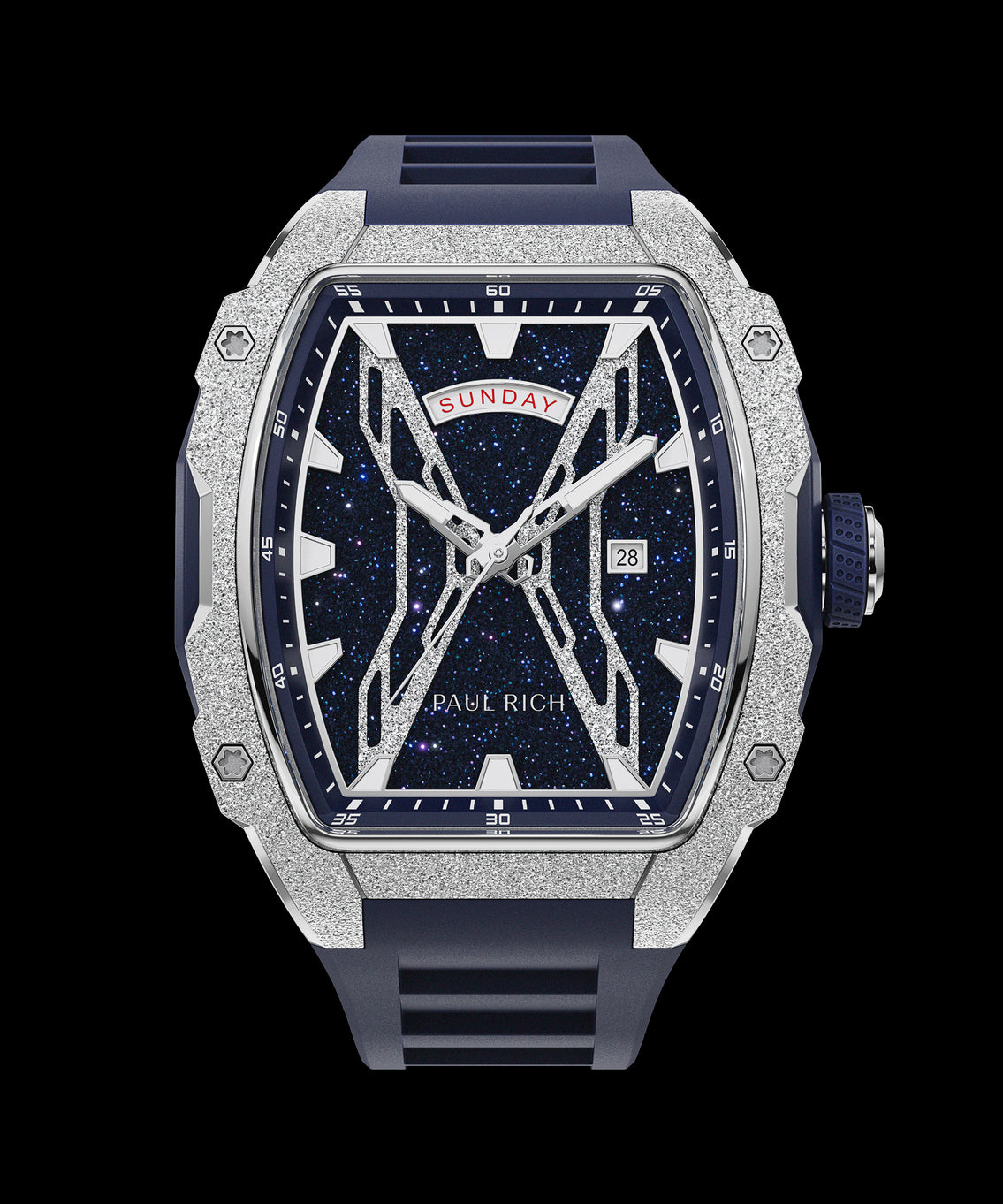 Front view of Paul Rich watch with blue aventurine dial, silver frosted bezel, day-date display, and matching blue rubber strap. Front view of Paul Rich watch with blue aventurine dial, silver frosted bezel, day-date display, and matching blue rubber strap.