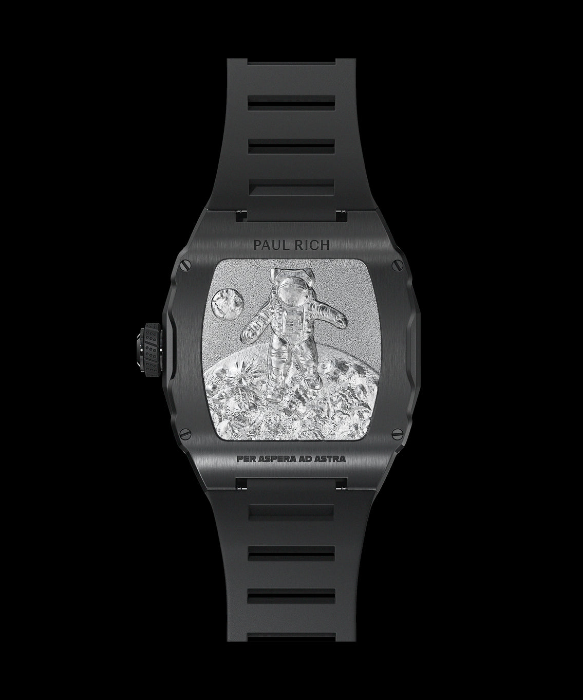 Back view of a black Paul Rich watch with a brushed tonneau case featuring an engraved astronaut on a lunar surface, Earth in the background, and the inscription “PER ASPERA AD ASTRA.” Back view of a black Paul Rich watch with a brushed tonneau case featuring an engraved astronaut on a lunar surface, Earth in the background, and the inscription “PER ASPERA AD ASTRA.”