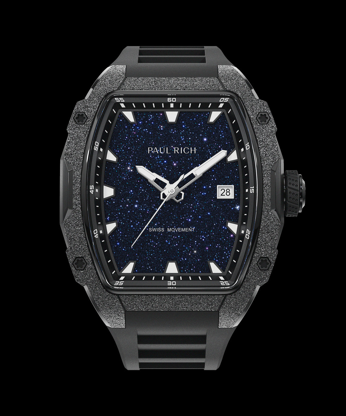 Front view of tonneau-shaped Paul Rich watch with blue aventurine dial, black frosted bezel, date display, and black rubber strap. Front view of tonneau-shaped Paul Rich watch with blue aventurine dial, black frosted bezel, date display, and black rubber strap.