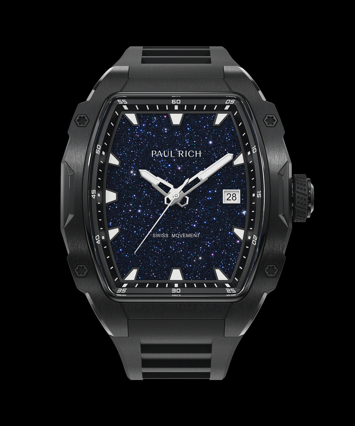 Front view of a black Paul Rich watch with a tonneau-shaped case, blueaventurine dial resembling a starry sky, white hands and markers, date display at 3 o'clock, and labeled βSwiss Movement.β Front view of a black Paul Rich watch with a tonneau-shaped case, blueaventurine dial resembling a starry sky, white hands and markers, date display at 3 o'clock, and labeled βSwiss Movement.β