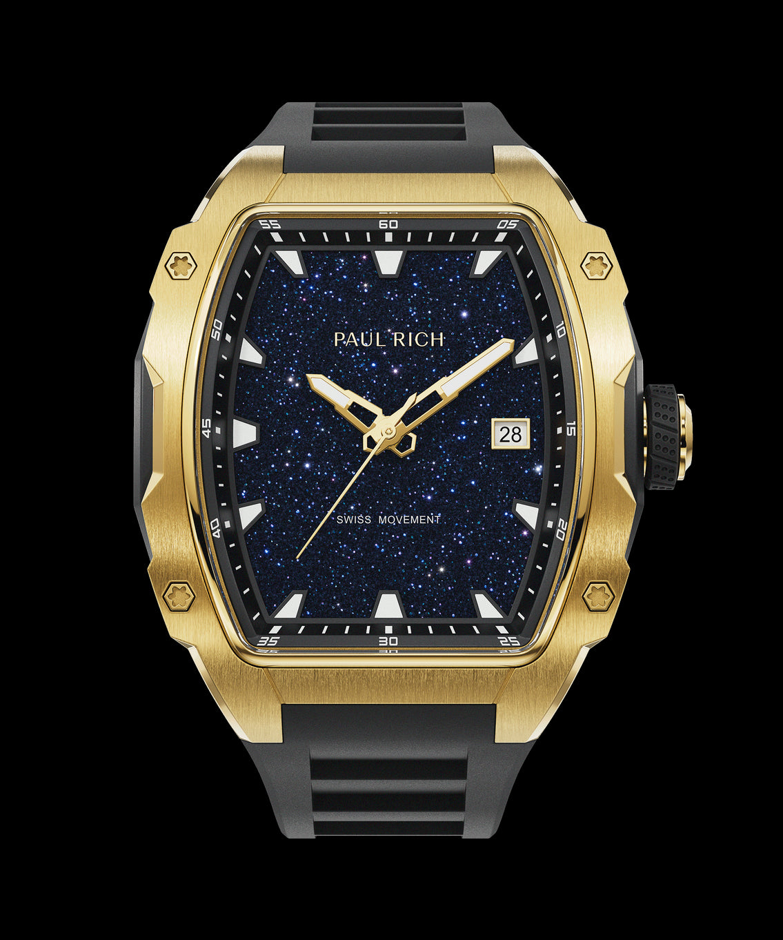 Front view of a Paul Rich gold-tonneau watch with blue aventurine dial, gold-tone hour, minute, and second hands, date window, and black rubber strap. Front view of a Paul Rich gold-tonneau watch with blue aventurine dial, gold-tone hour, minute, and second hands, date window, and black rubber strap.