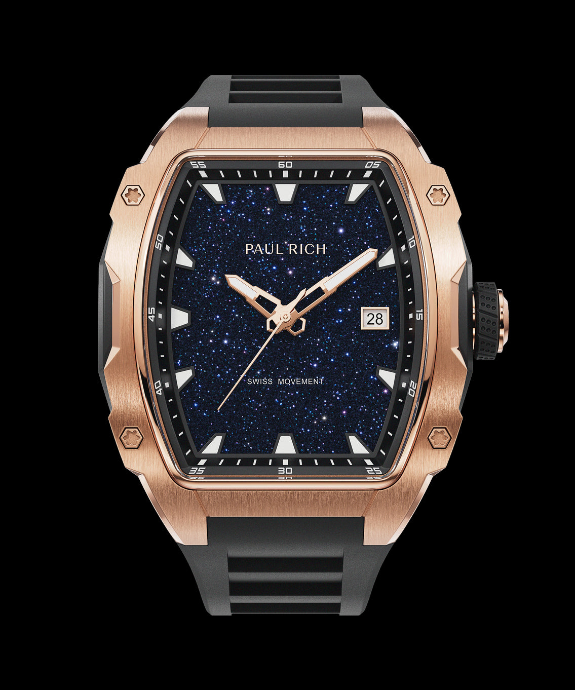 Front view of a Paul Rich rose gold-tonneau watch with blue aventurine dial, gold-tone hands, date window, and black rubber strap. Front view of a Paul Rich rose gold-tonneau watch with blue aventurine dial, gold-tone hands, date window, and black rubber strap.