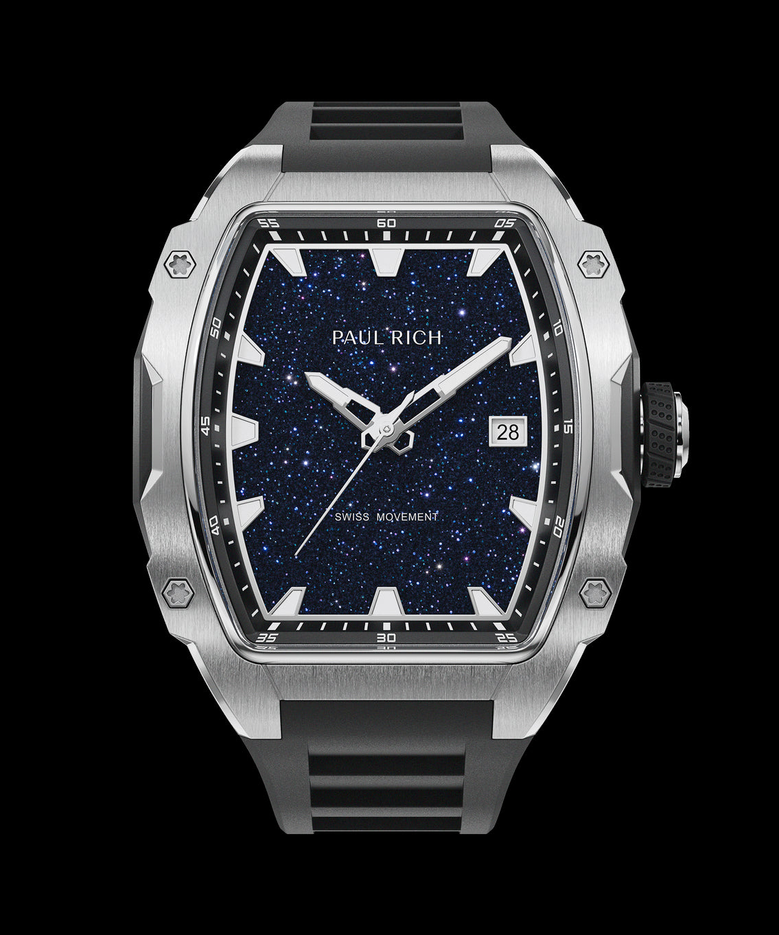 Front view of a Paul Rich silver-tonneau watch with blue aventurine dial, silver hands, date window, and black rubber strap. Front view of a Paul Rich silver-tonneau watch with blue aventurine dial, silver hands, date window, and black rubber strap.