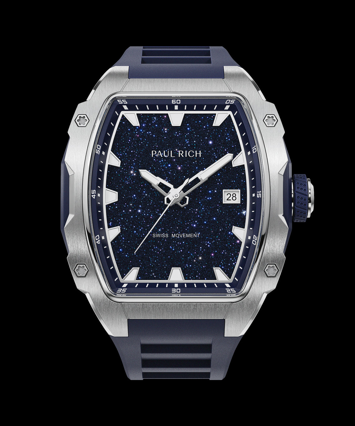 Front view of a Paul Rich silver-tonneau watch with blue aventurine dial, silver hands, date window, and blue rubber strap. Front view of a Paul Rich silver-tonneau watch with blue aventurine dial, silver hands, date window, and blue rubber strap.