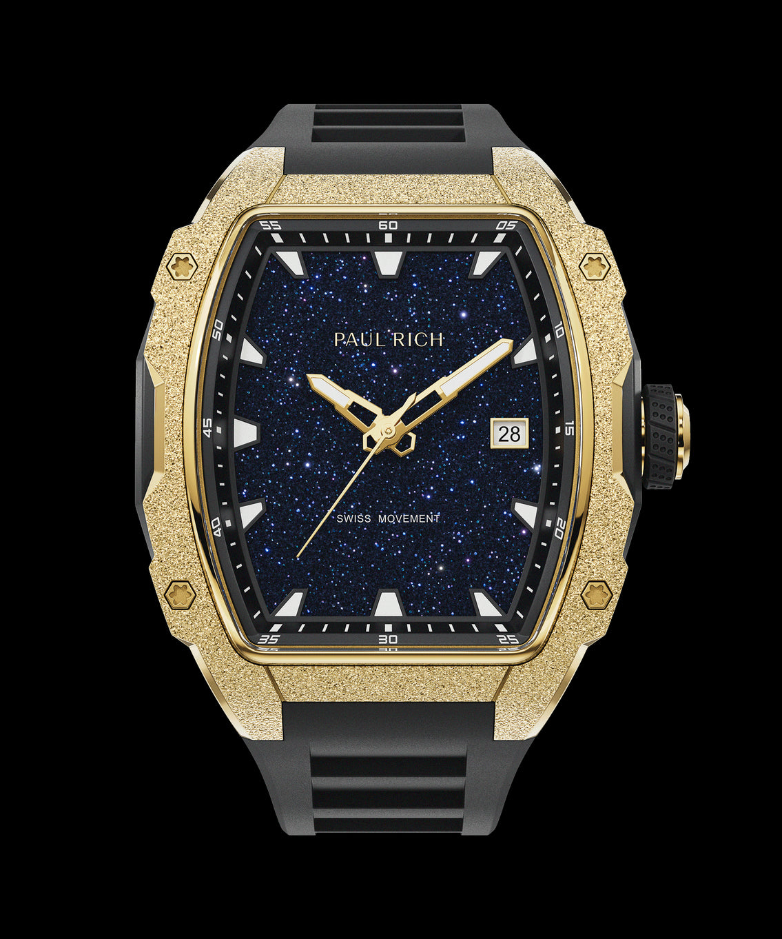Front view of Paul Rich watch with blue aventurine dial, gold frosted bezel, date display, and black rubber strap. Front view of Paul Rich watch with blue aventurine dial, gold frosted bezel, date display, and black rubber strap.