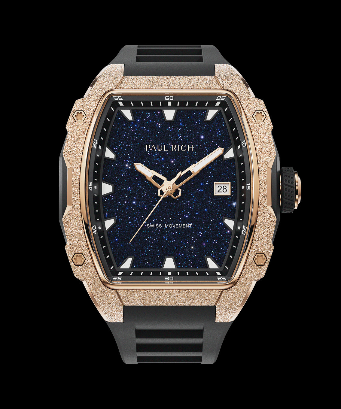 Front view of Paul Rich watch with blue aventurine dial, rose gold frosted bezel, date display, and black rubber strap. Front view of Paul Rich watch with blue aventurine dial, rose gold frosted bezel, date display, and black rubber strap.
