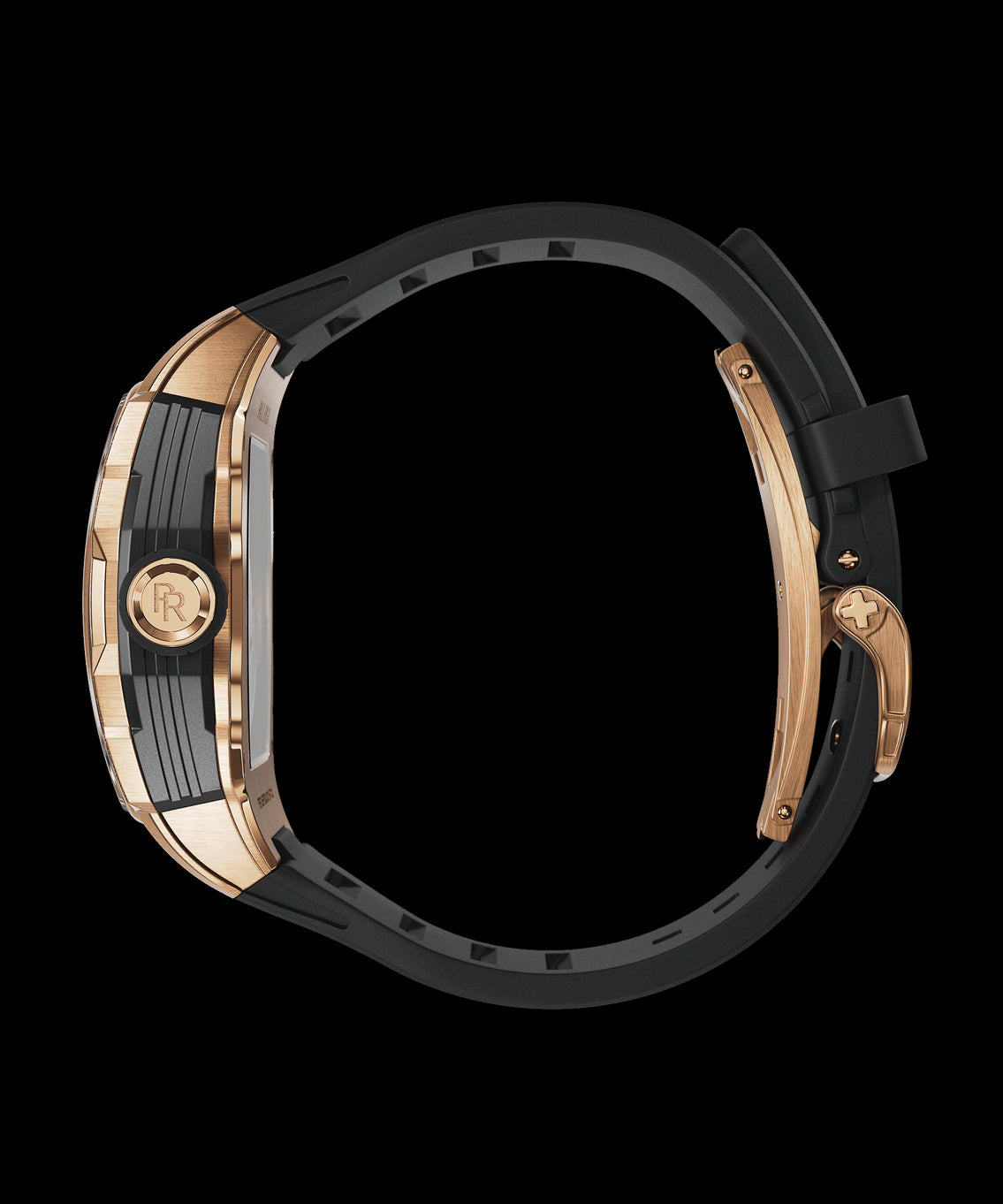 Side view of Paul Rich Astro Meteora watch with rose gold case, black rubber strap, and engraved RR crown. Side view of Paul Rich Astro Meteora watch with rose gold case, black rubber strap, and engraved RR crown.