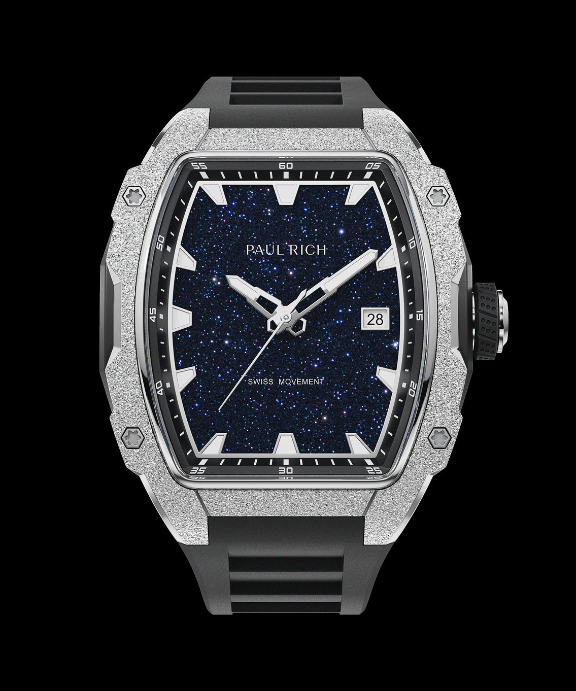 Paul Rich watch with tonneau case, frosted silver bezel, blue aventurine dial, date window, and black rubber strap, shown on transparent background. Paul Rich watch with tonneau case, frosted silver bezel, blue aventurine dial, date window, and black rubber strap, shown on transparent background.