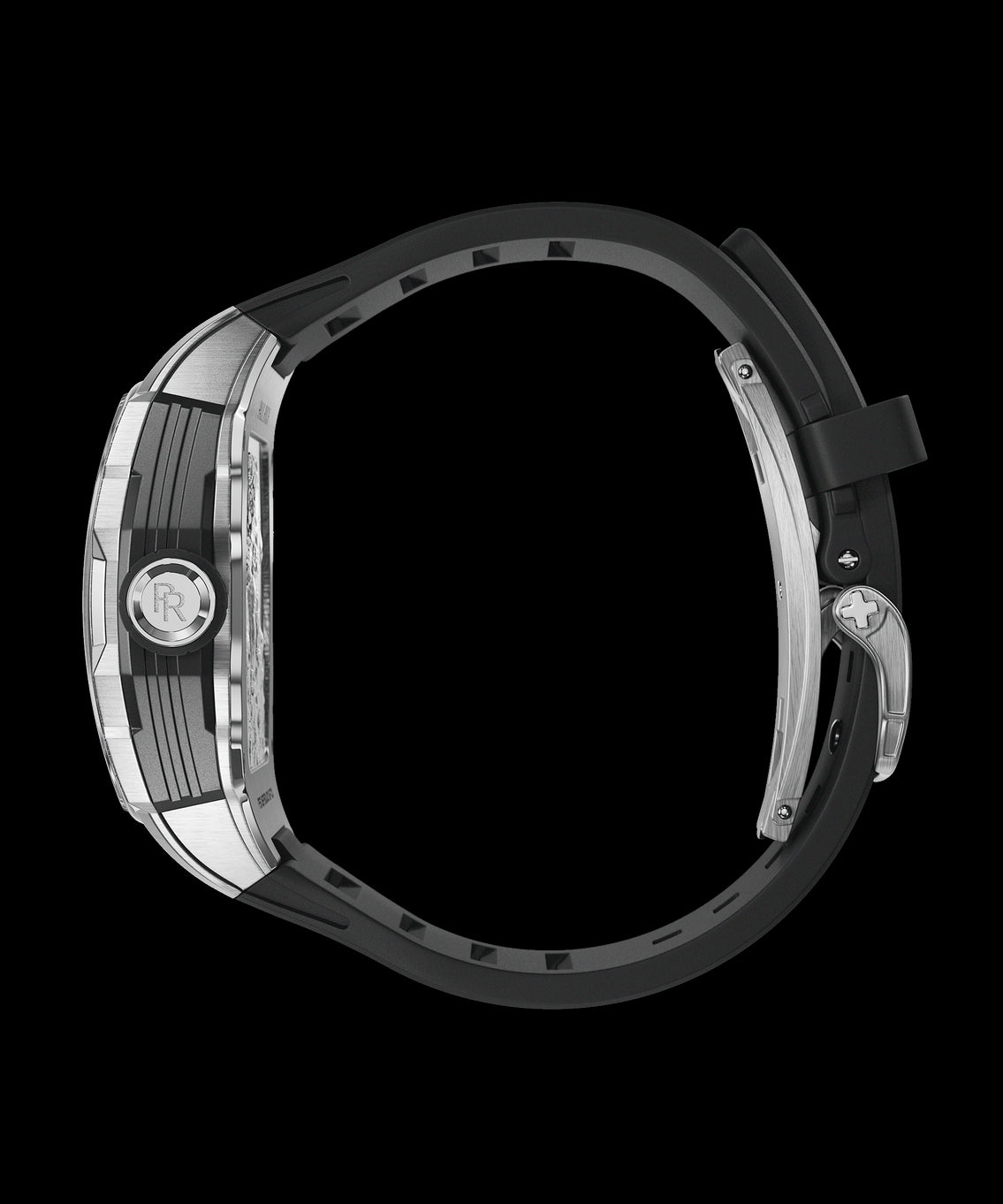 Side view of a Paul Rich silver-tonneau watch with engraved crown, black textured rubber strap, and silver deployment clasp. Side view of a Paul Rich silver-tonneau watch with engraved crown, black textured rubber strap, and silver deployment clasp.