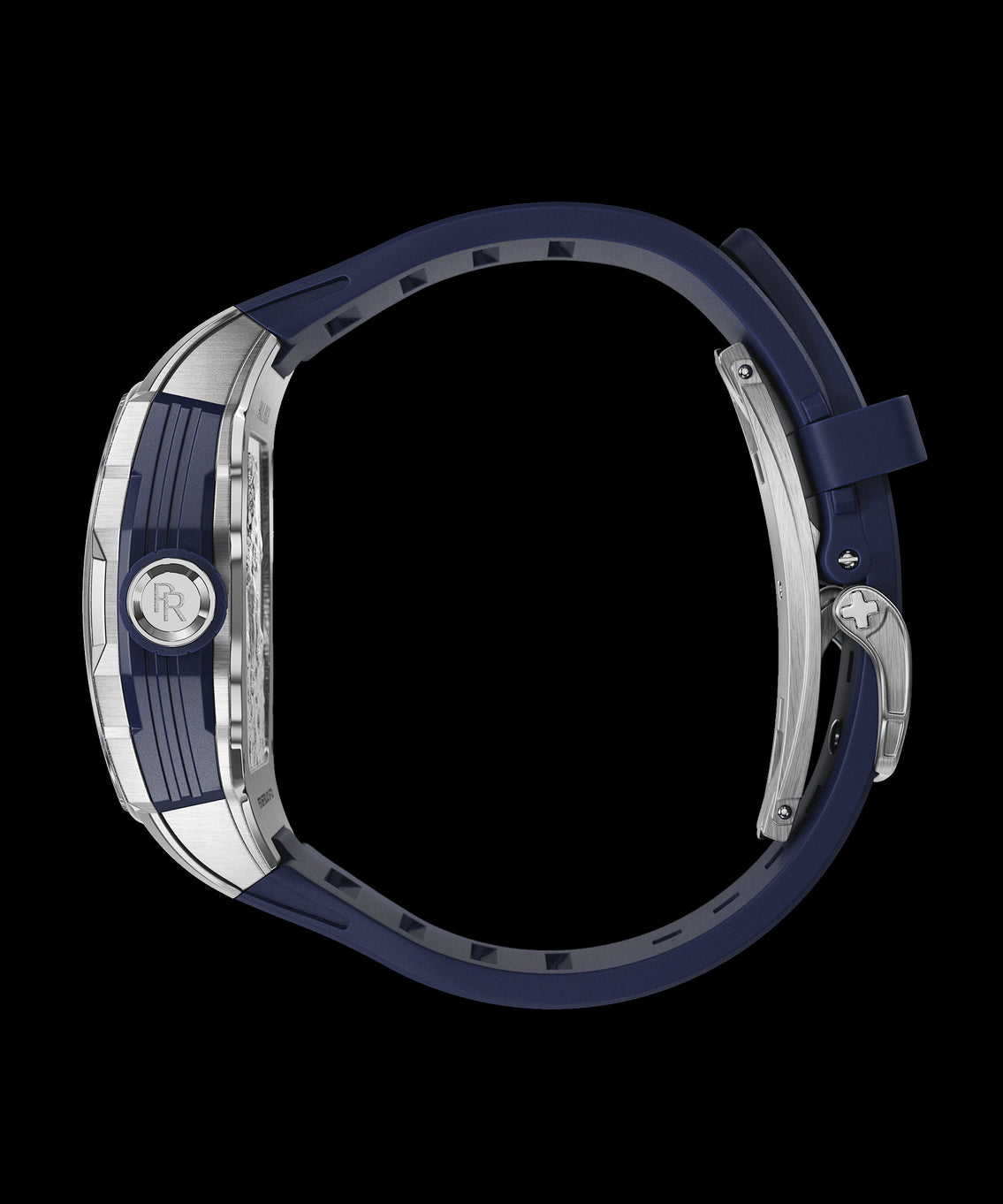 Side view of Paul Rich Astro Meteora watch with navy rubber strap, brushed silver case, and raised RR logo on the crown. Side view of Paul Rich Astro Meteora watch with navy rubber strap, brushed silver case, and raised RR logo on the crown.