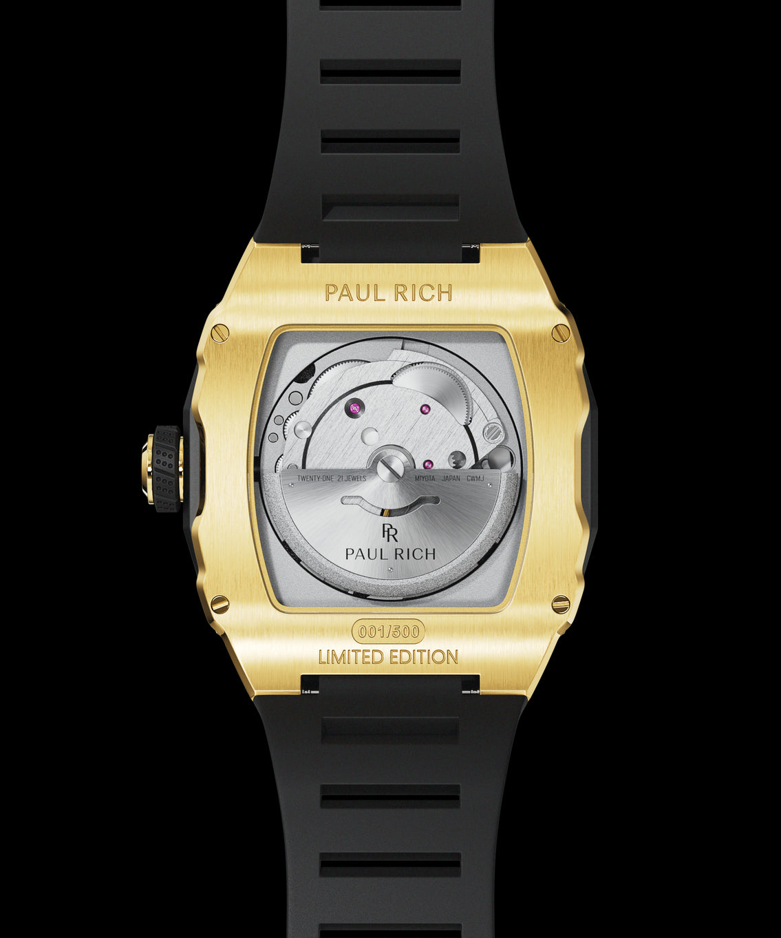 Caseback of Paul Rich Astro Meteora in gold, showcasing Miyota automatic movement, limited edition engraving, and black rubber strap. Caseback of Paul Rich Astro Meteora in gold, showcasing Miyota automatic movement, limited edition engraving, and black rubber strap.
