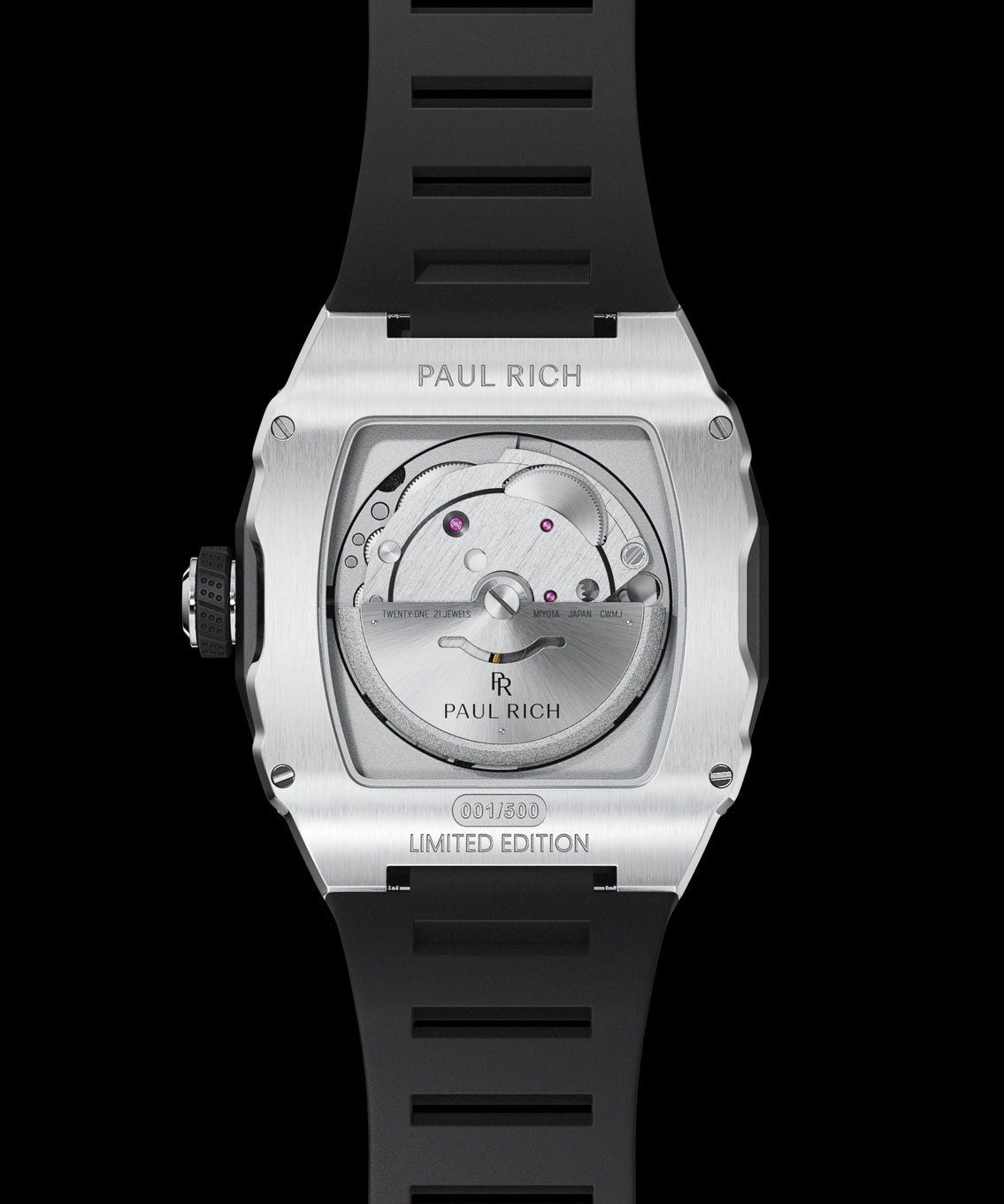Caseback of Paul Rich Astro Meteora in silver, featuring Miyota automatic movement, limited edition engraving, and black rubber strap. Caseback of Paul Rich Astro Meteora in silver, featuring Miyota automatic movement, limited edition engraving, and black rubber strap.