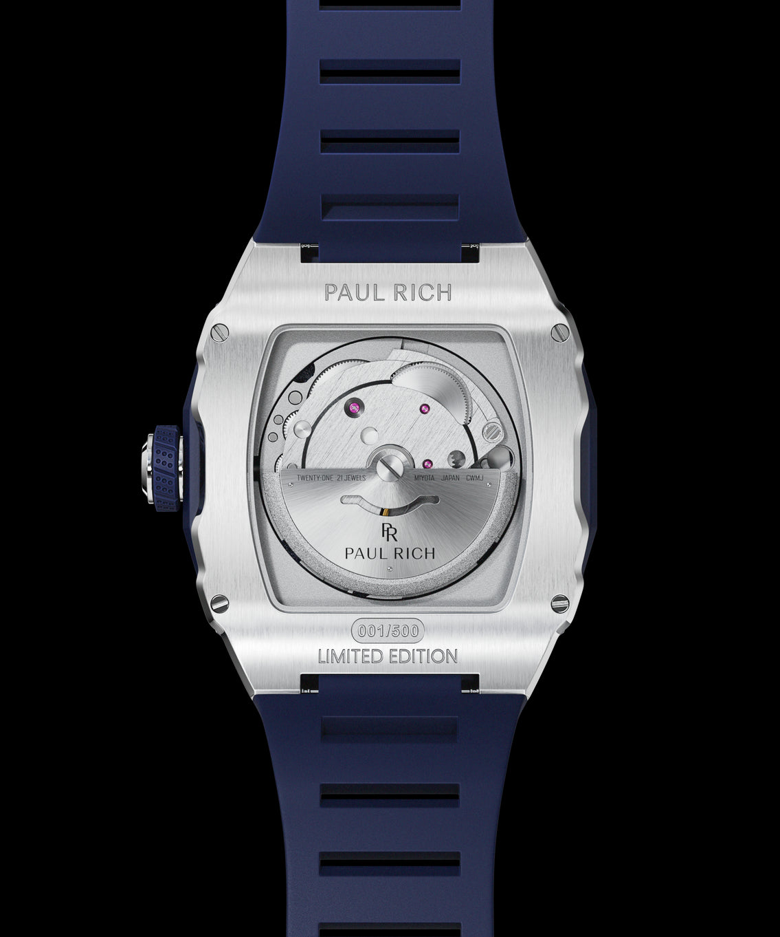 Caseback of Paul Rich Astro Meteora watch showing automatic Miyota movement, limited edition engraving, and navy blue rubber strap. Caseback of Paul Rich Astro Meteora watch showing automatic Miyota movement, limited edition engraving, and navy blue rubber strap.