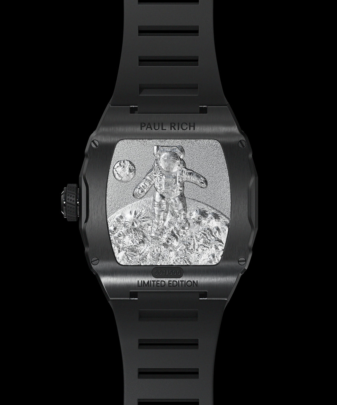 Engraved caseback of Paul Rich Astro Meteora in black, featuring an astronaut on lunar surface with limited edition marking and rubber strap. Engraved caseback of Paul Rich Astro Meteora in black, featuring an astronaut on lunar surface with limited edition marking and rubber strap.