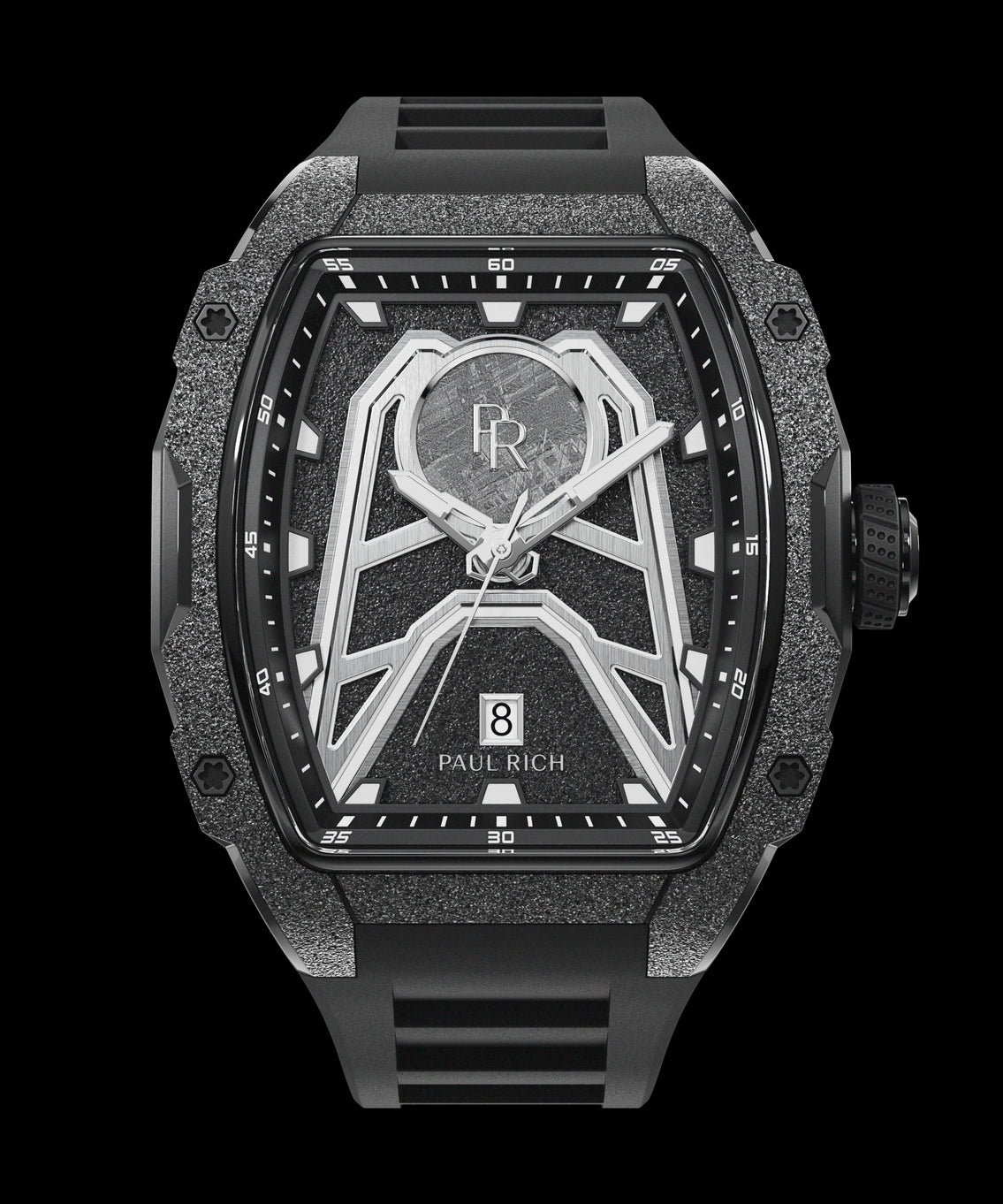Paul Rich Astro Meteora watch with meteorite inlay, frosted black bezel, black dial details, and black rubber strap with date window at 6. Paul Rich Astro Meteora watch with meteorite inlay, frosted black bezel, black dial details, and black rubber strap with date window at 6.