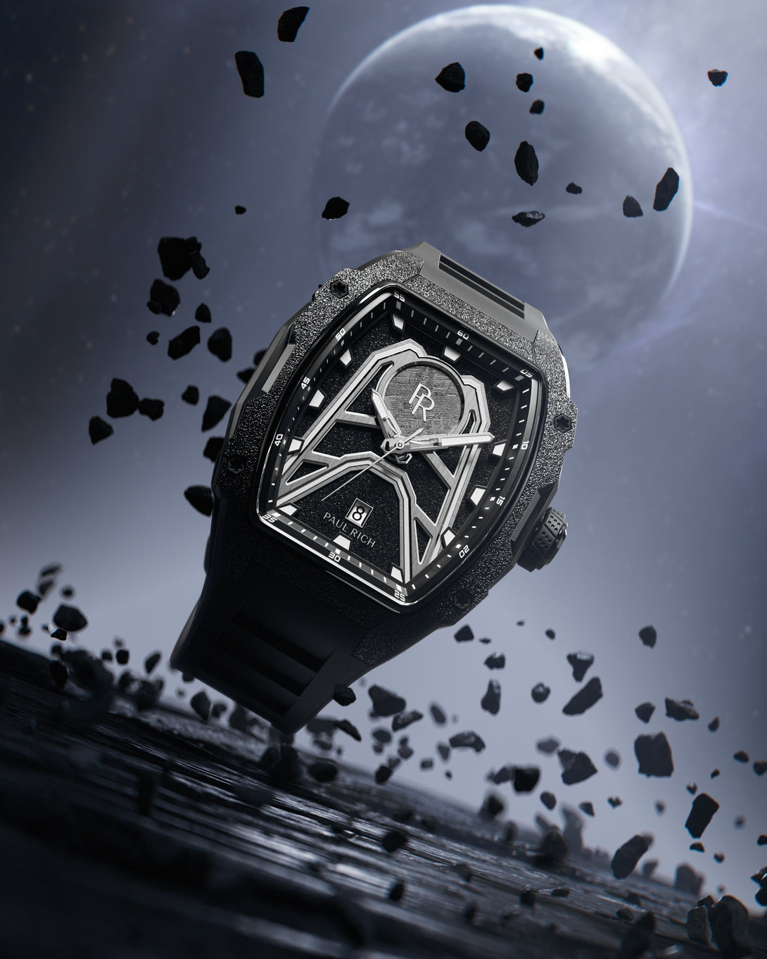 Paul Rich Astro Meteora with meteorite inlay and frosted black bezel, shown in a cosmic scene with floating asteroids and a glowing planet. Paul Rich Astro Meteora with meteorite inlay and frosted black bezel, shown in a cosmic scene with floating asteroids and a glowing planet.