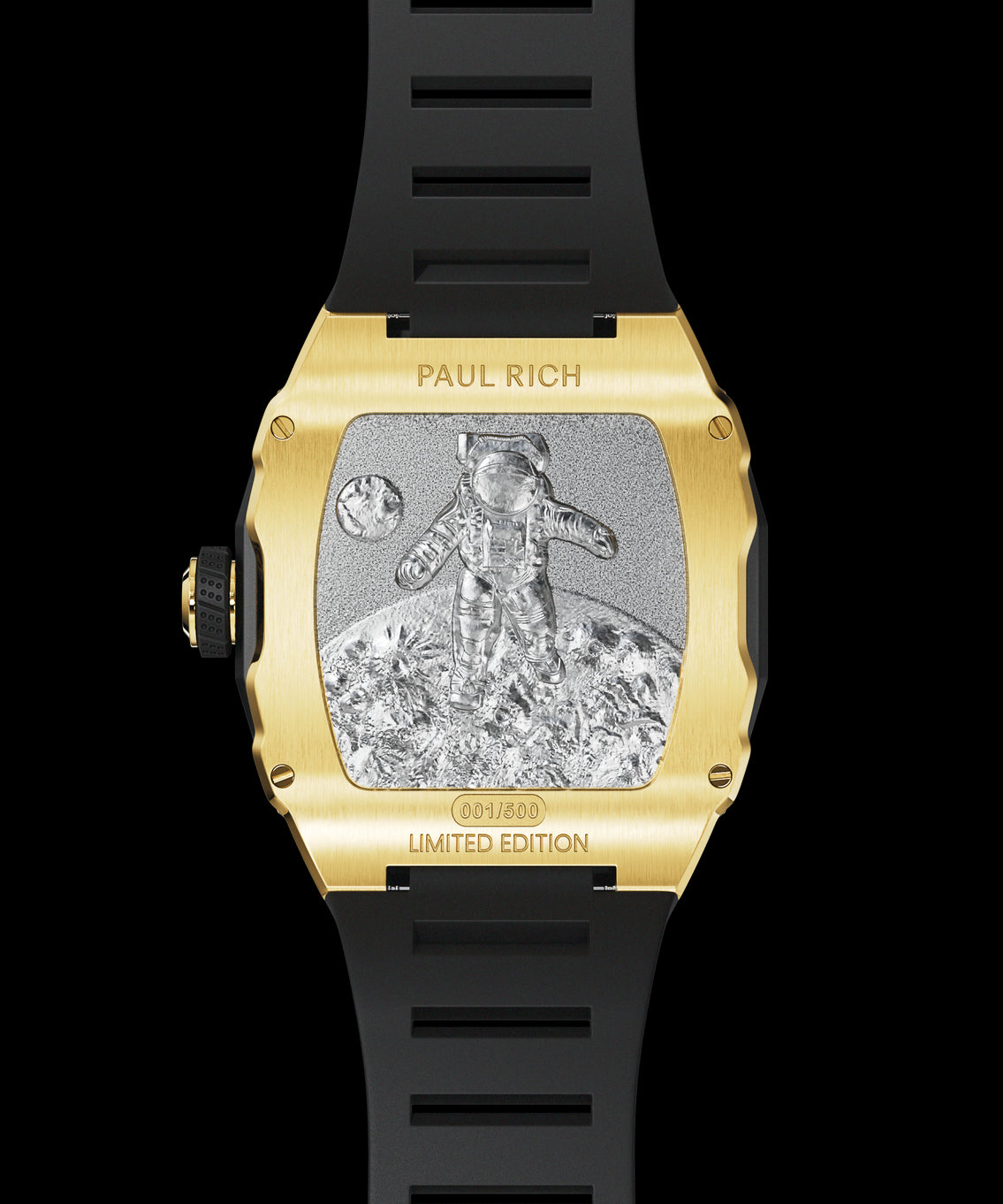 Engraved caseback of Paul Rich Astro Meteora with gold finish, featuring an astronaut on lunar surface and limited edition marking. Engraved caseback of Paul Rich Astro Meteora with gold finish, featuring an astronaut on lunar surface and limited edition marking.