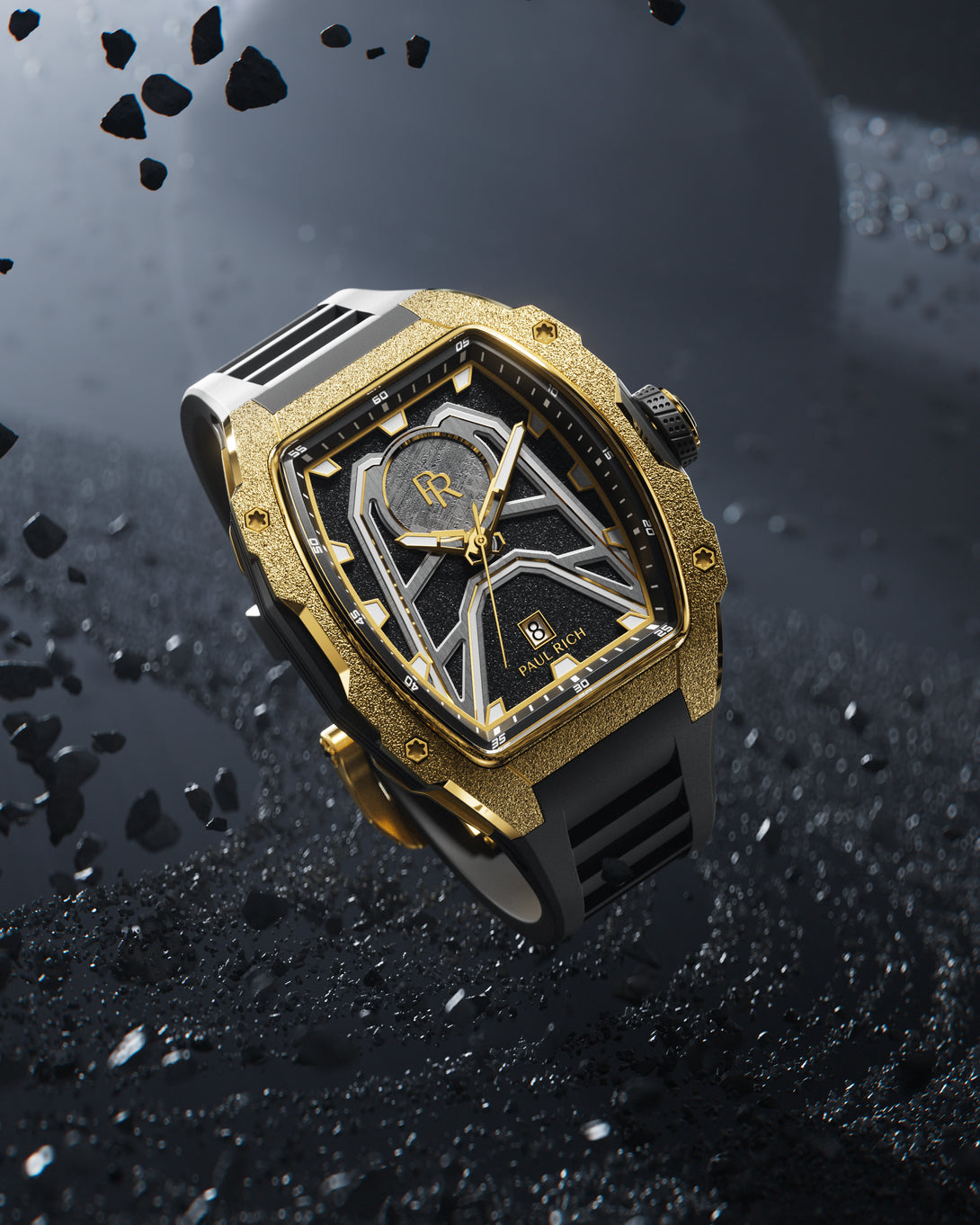 Paul Rich Astro Meteora with frosted gold bezel and meteorite inlay, shown in a cosmic scene with black debris and planetary backdrop. Paul Rich Astro Meteora with frosted gold bezel and meteorite inlay, shown in a cosmic scene with black debris and planetary backdrop.