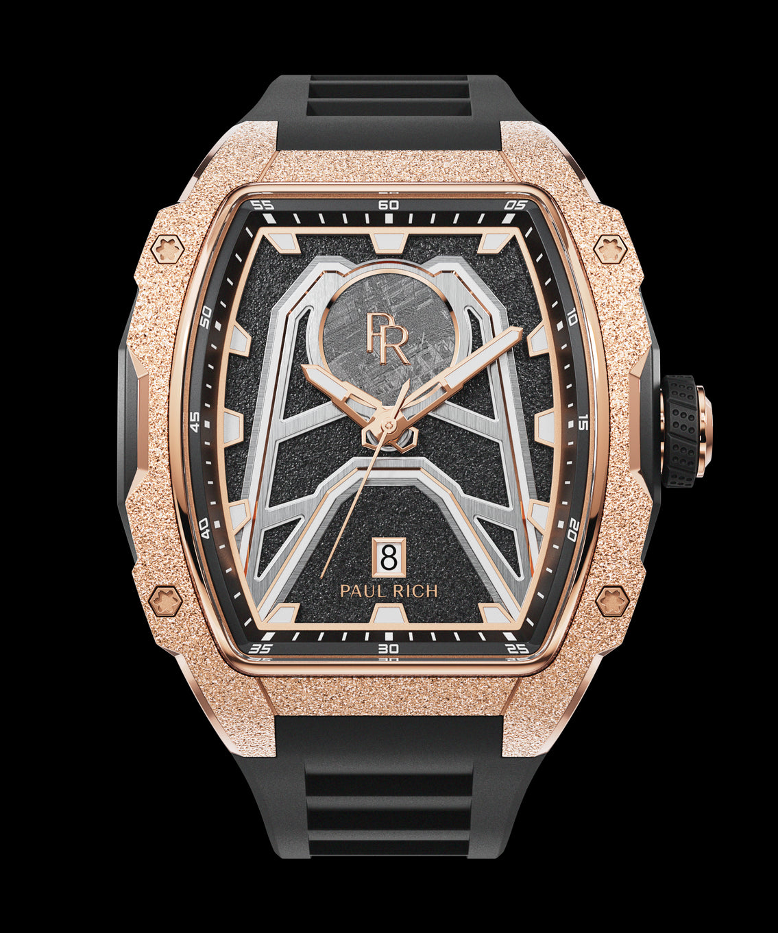 Paul Rich Astro Meteora watch with meteorite inlay, frosted rose gold bezel, black dial accents, and black rubber strap with date at 6. Paul Rich Astro Meteora watch with meteorite inlay, frosted rose gold bezel, black dial accents, and black rubber strap with date at 6.