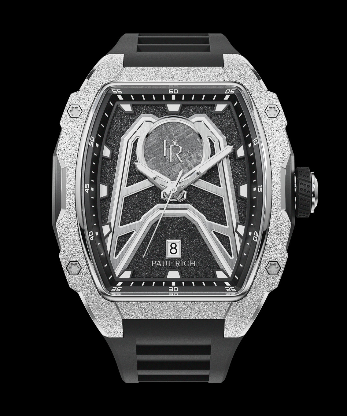 Paul Rich Astro Meteora with frosted silver bezel, meteorite inlay, black dial accents, and black rubber strap with date window at 6. Paul Rich Astro Meteora with frosted silver bezel, meteorite inlay, black dial accents, and black rubber strap with date window at 6.
