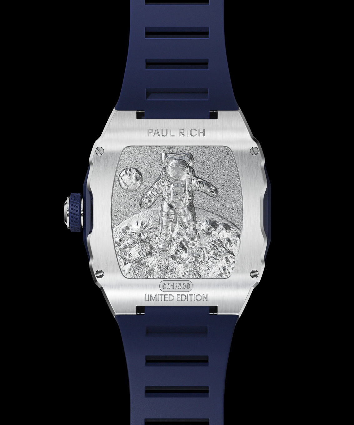 Engraved caseback of Paul Rich Astro Meteora showing astronaut on lunar surface, with limited edition marking and navy rubber strap. Engraved caseback of Paul Rich Astro Meteora showing astronaut on lunar surface, with limited edition marking and navy rubber strap.