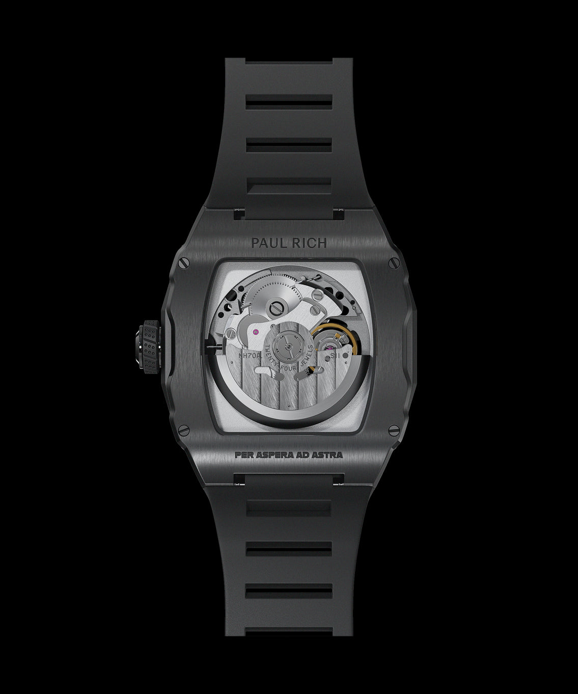 Back view of Paul Rich watch with brushed black case, exposed automatic movement, and 'Per Aspera Ad Astra' engraving on the caseback. Back view of Paul Rich watch with brushed black case, exposed automatic movement, and 'Per Aspera Ad Astra' engraving on the caseback.